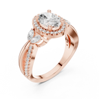 14K White Gold Oval Diamond Leaf Bypass Halo Ring