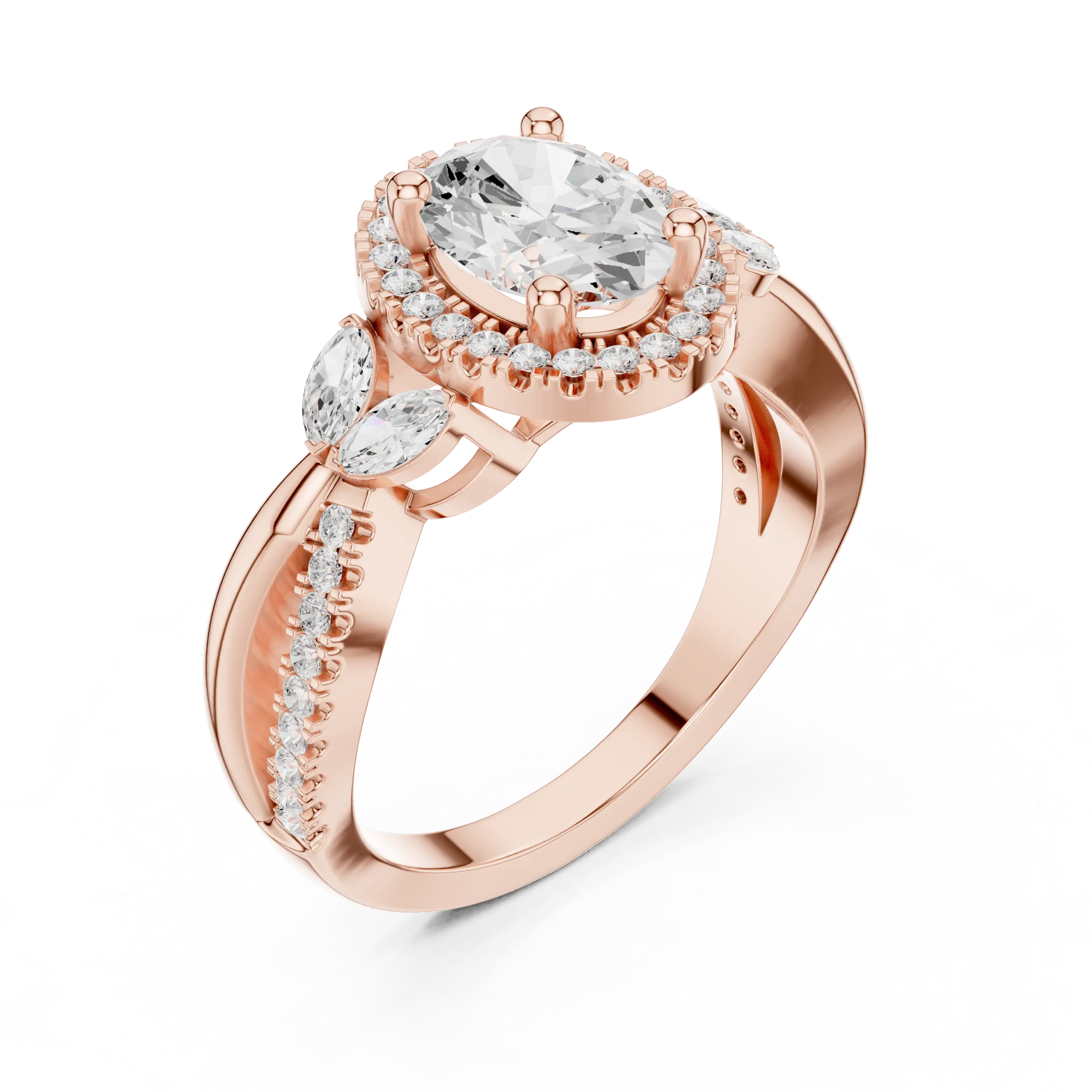 14K White Gold Oval Diamond Leaf Bypass Halo Ring