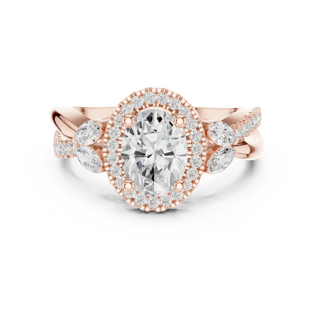 14K White Gold Oval Diamond Leaf Bypass Halo Ring
