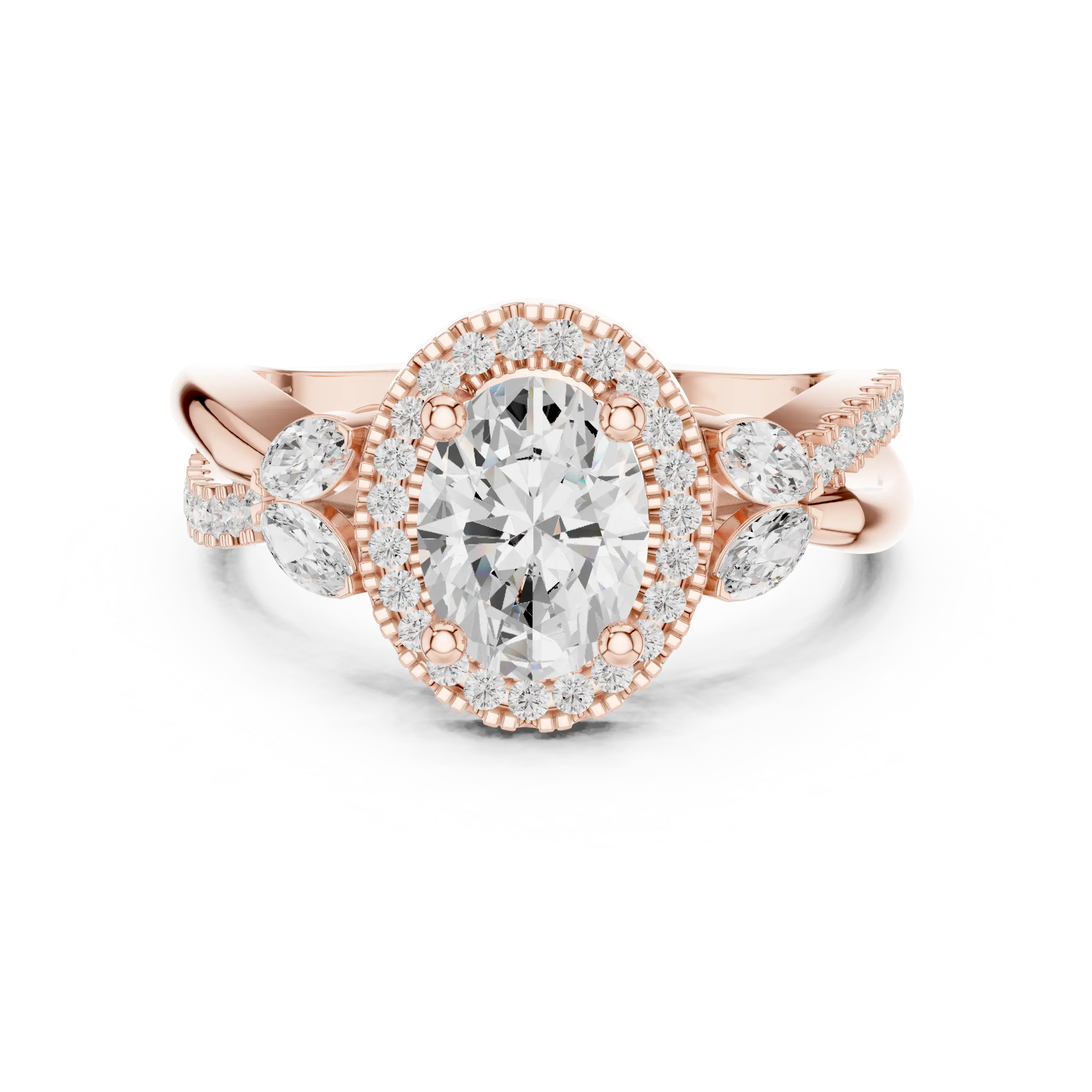 14K White Gold Oval Diamond Leaf Bypass Halo Ring