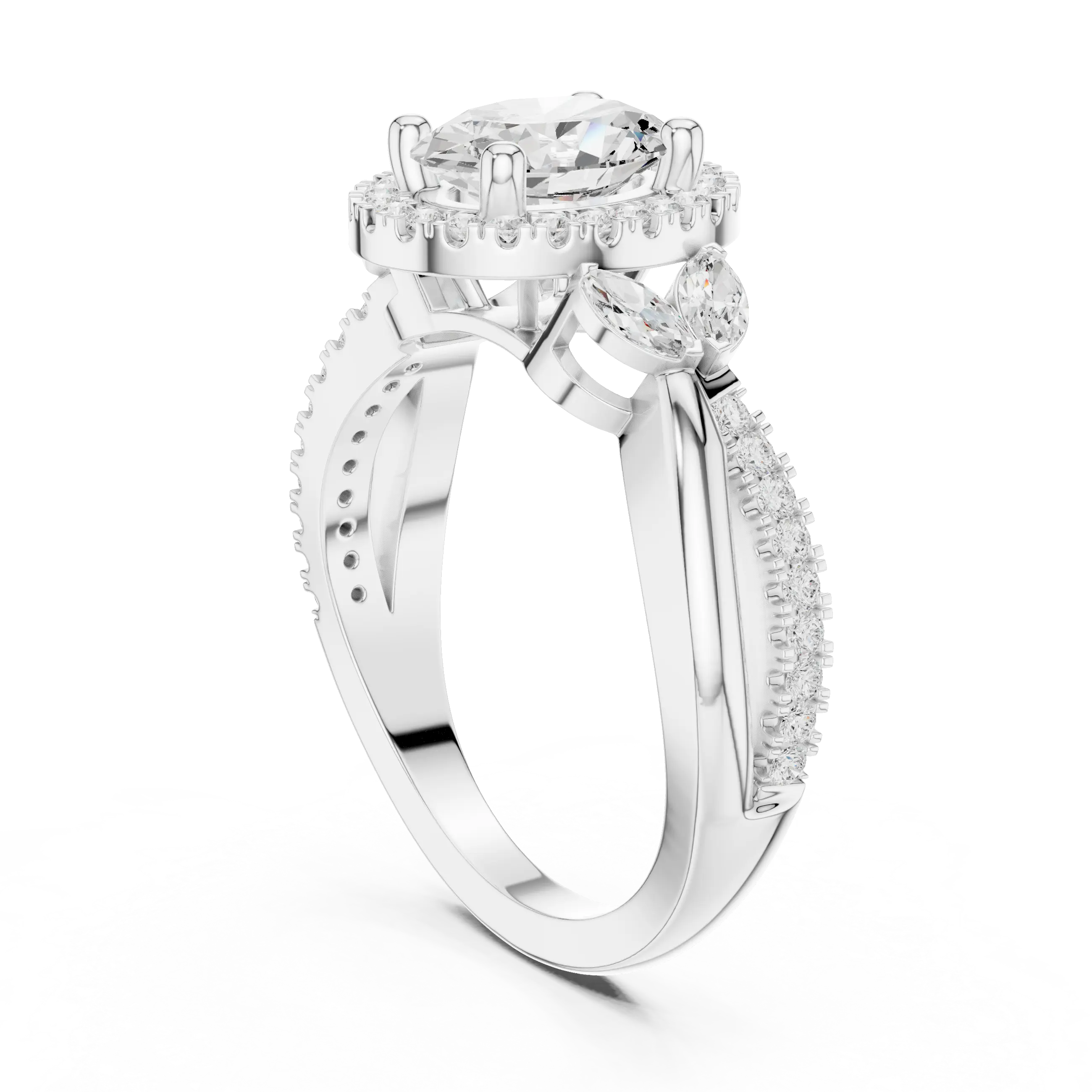 14K White Gold Oval Diamond Leaf Bypass Halo Ring