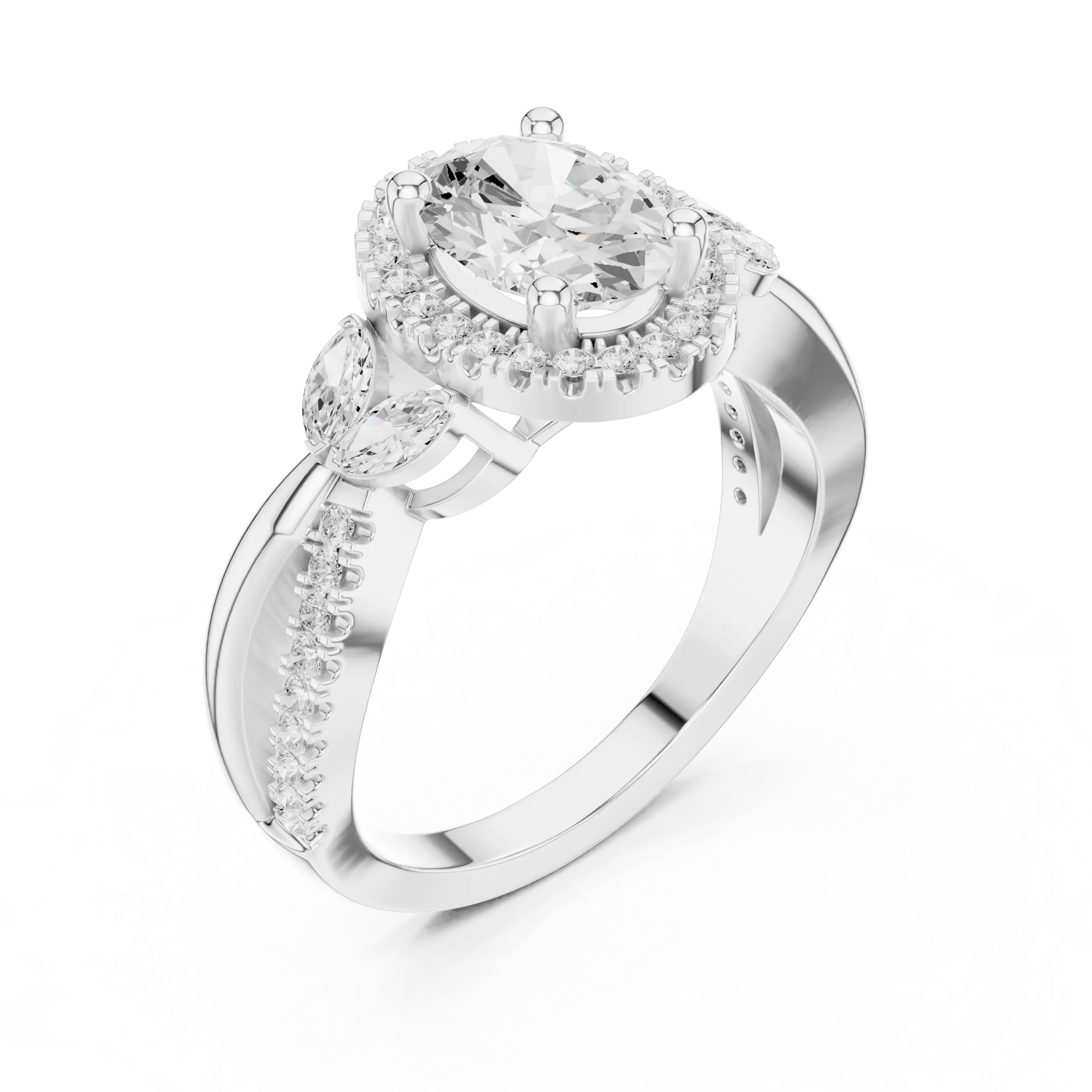 14K White Gold Oval Diamond Leaf Bypass Halo Ring