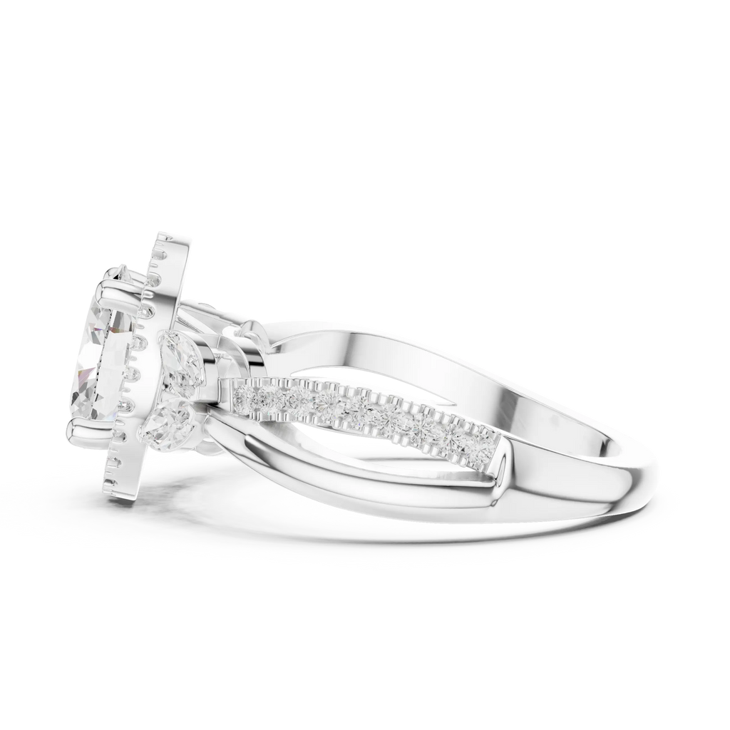14K White Gold Oval Diamond Leaf Bypass Halo Ring