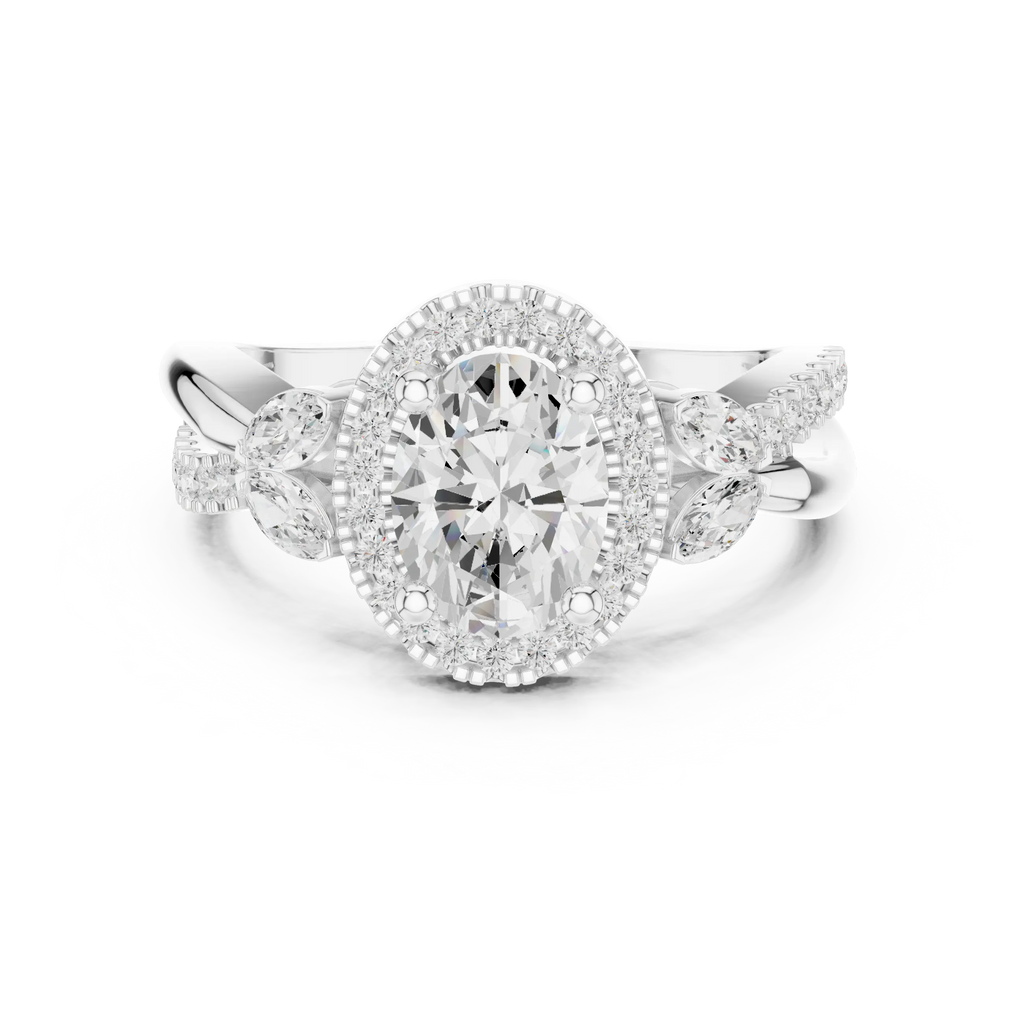 14K White Gold Oval Diamond Leaf Bypass Halo Ring