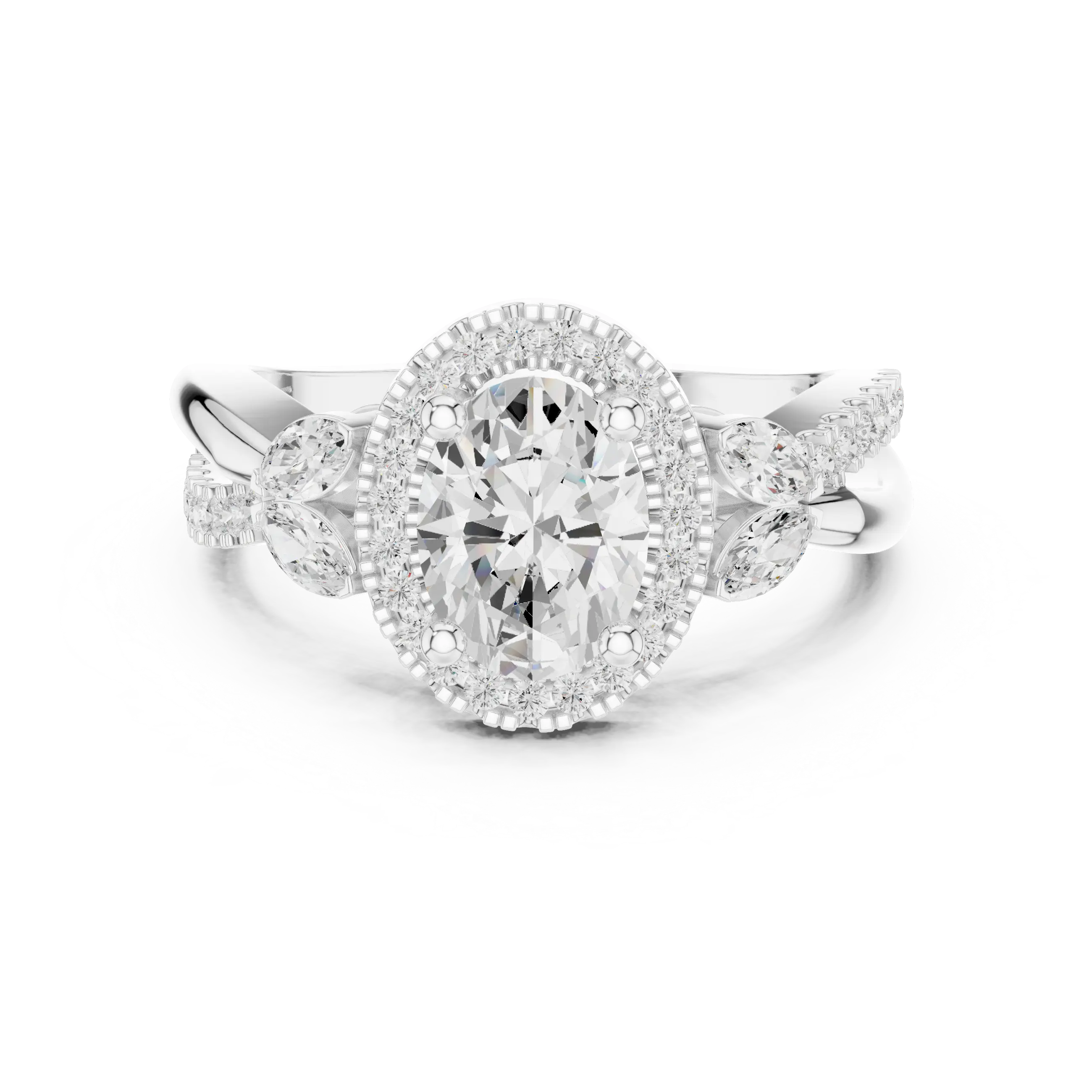 14K White Gold Oval Diamond Leaf Bypass Halo Ring