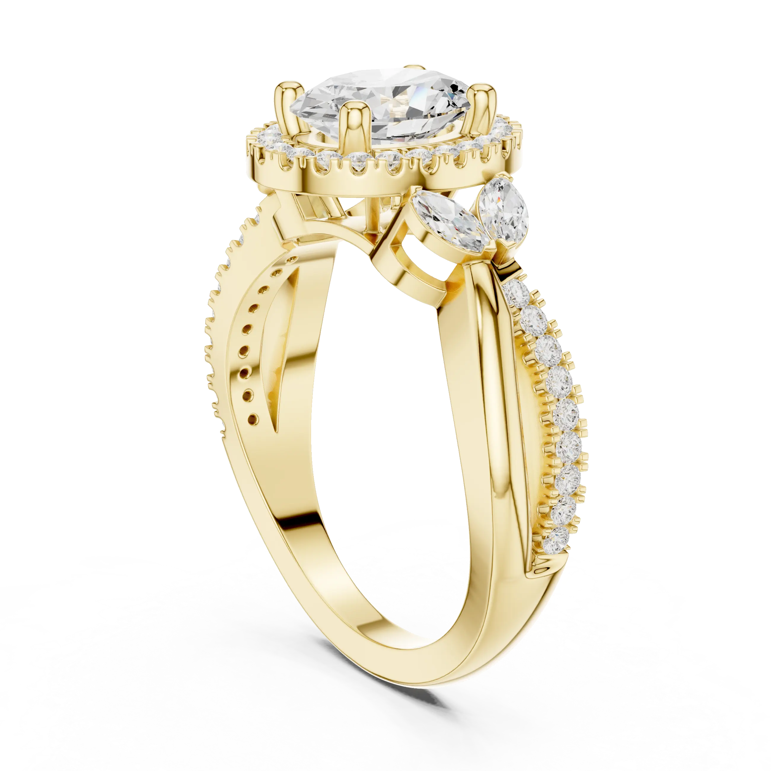 14K White Gold Oval Diamond Leaf Bypass Halo Ring