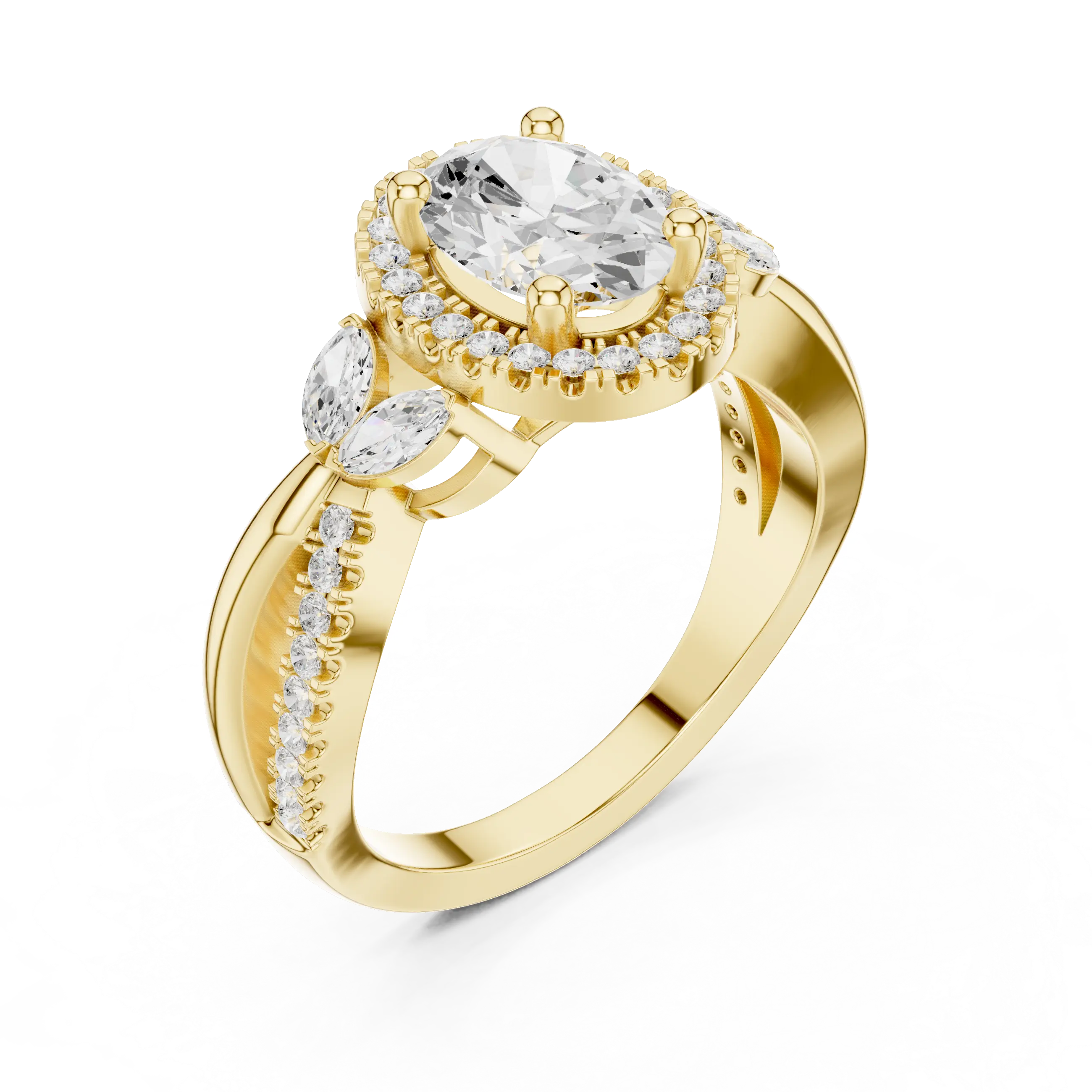 14K White Gold Oval Diamond Leaf Bypass Halo Ring