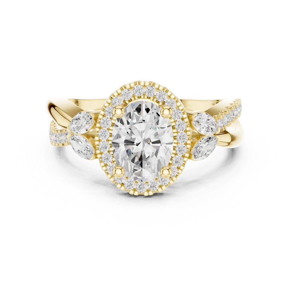 14K White Gold Oval Diamond Leaf Bypass Halo Ring