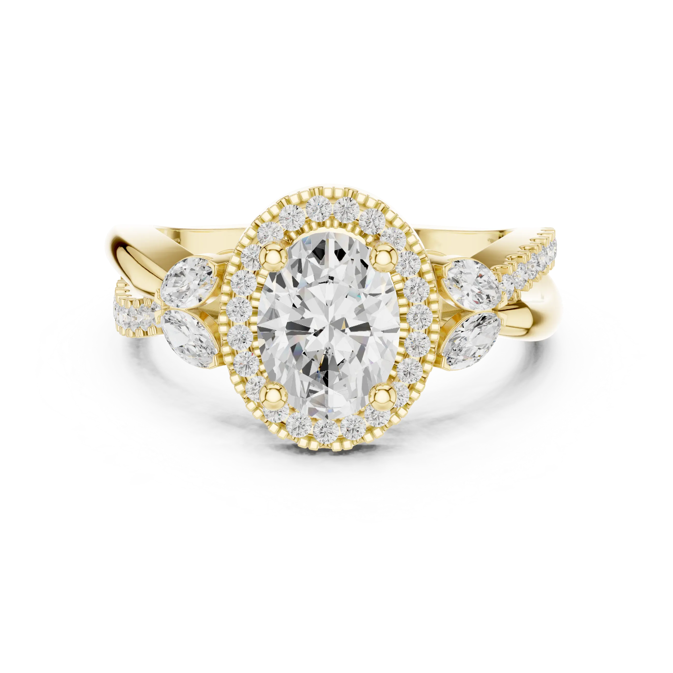 14K White Gold Oval Diamond Leaf Bypass Halo Ring