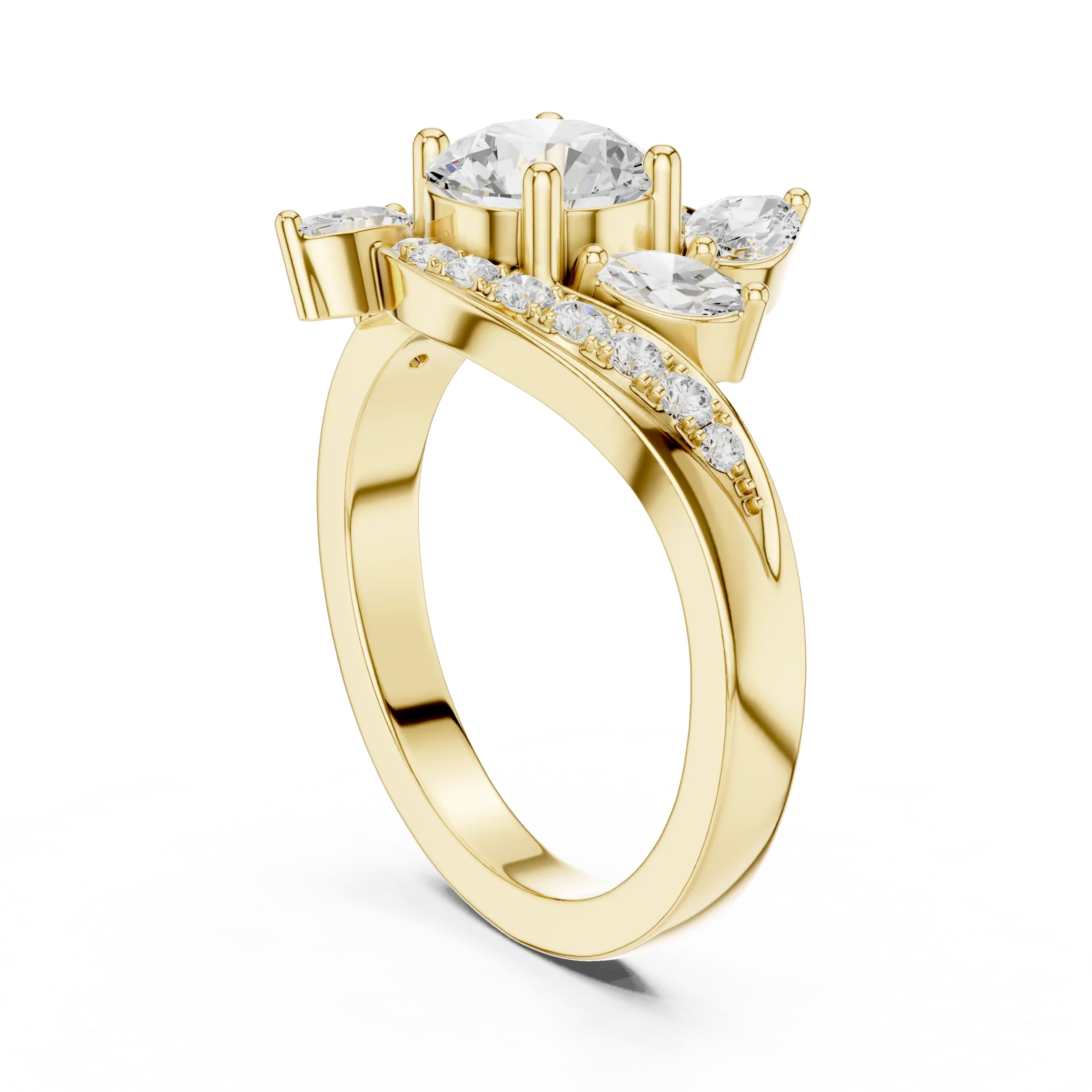 10K Yellow Gold Lab Grown Floral Round Diamond Bypass Ring