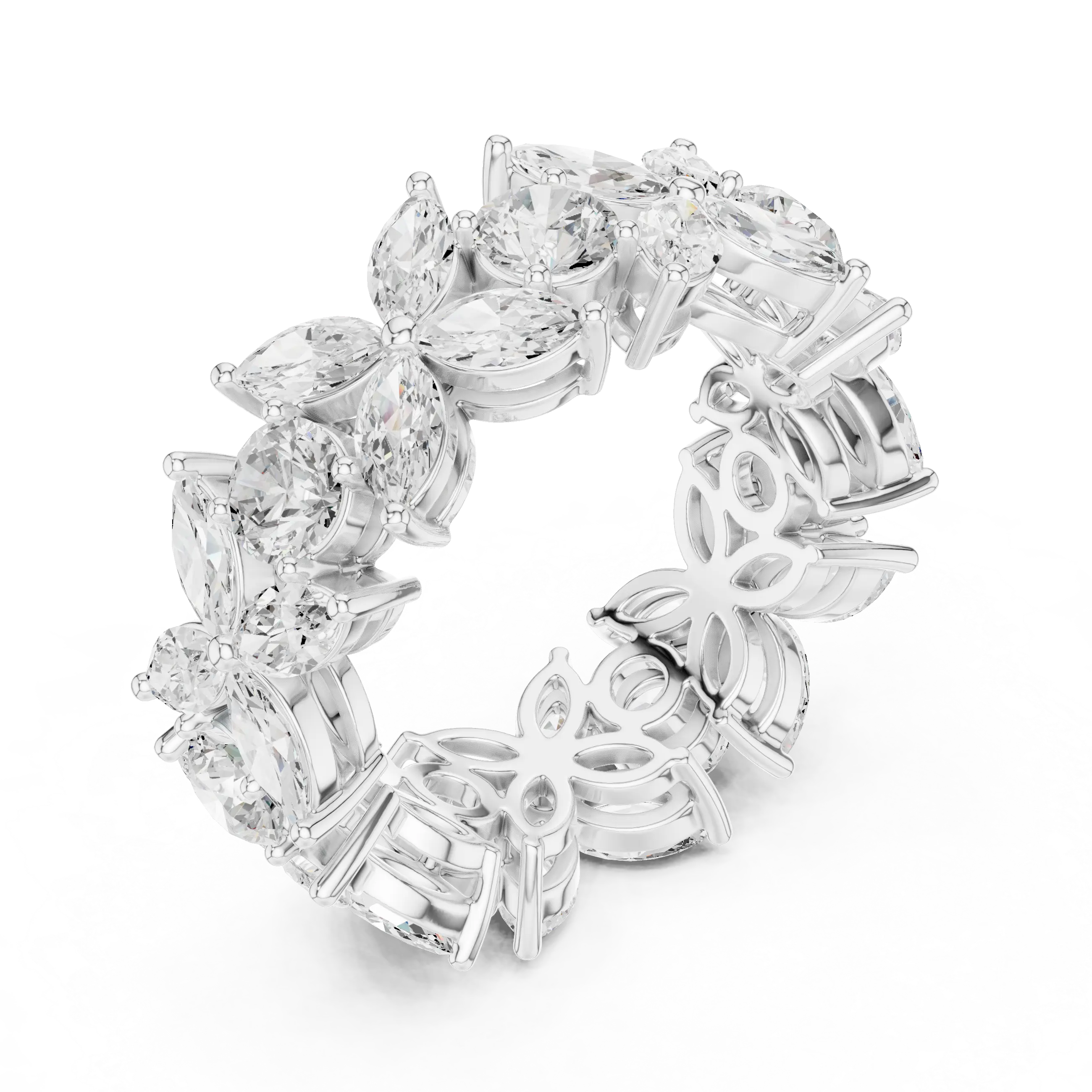14K White Gold Marquise & Round Floral Eternity Band