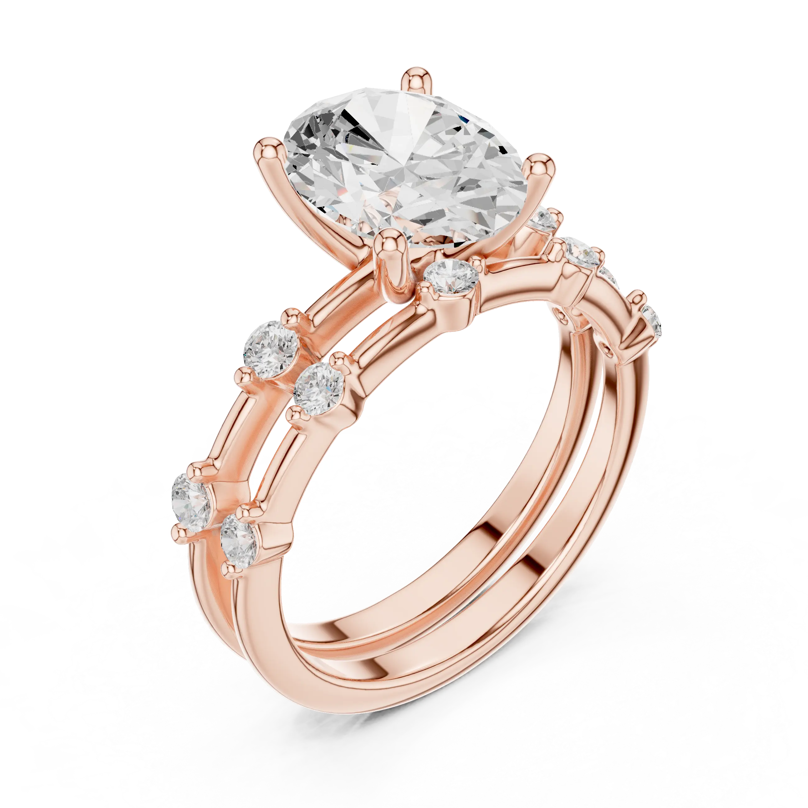 10K White Gold Oval Moissanite Diamond Double-Band Engagement Ring