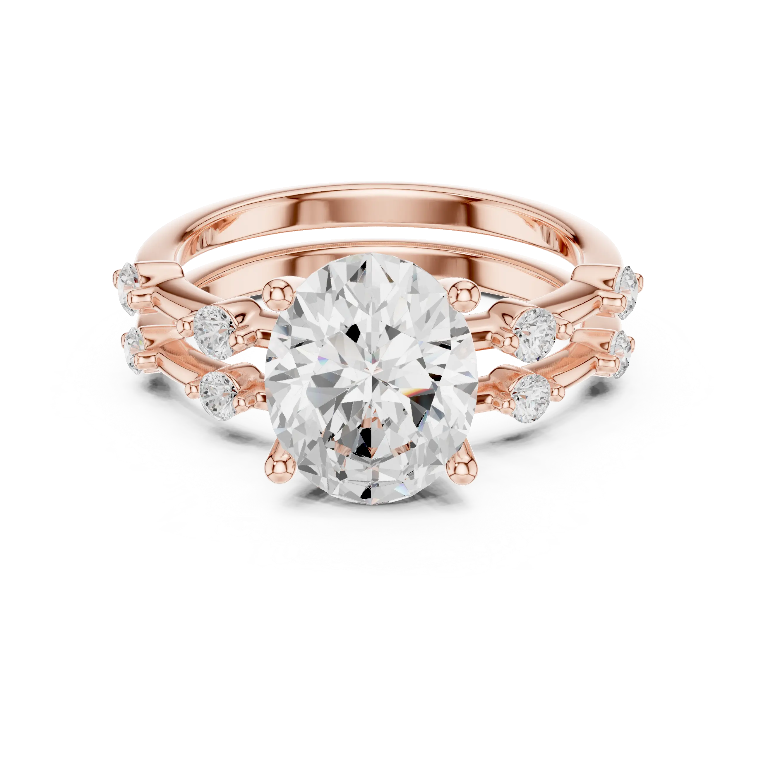 10K White Gold Oval Moissanite Diamond Double-Band Engagement Ring
