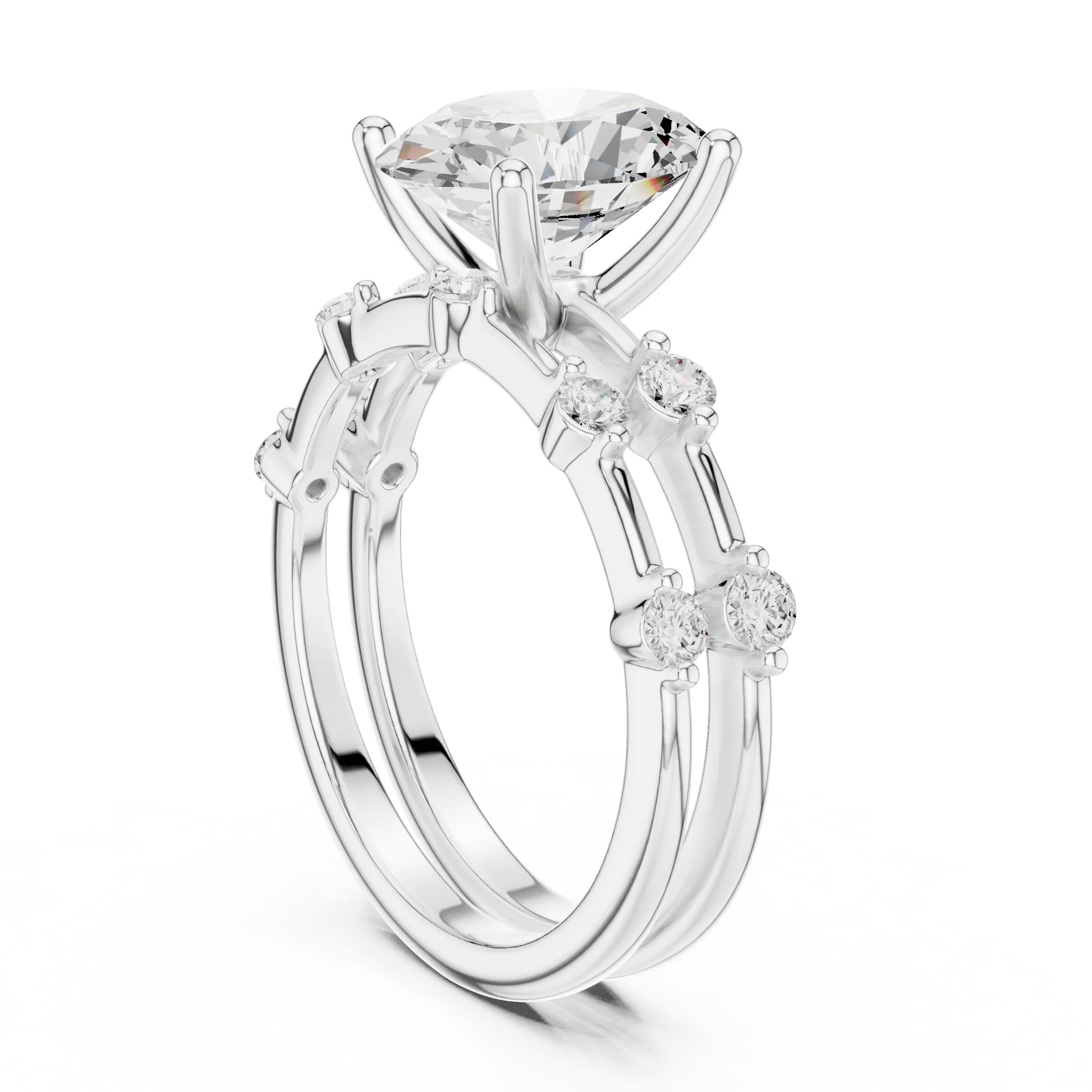 10K White Gold Oval Moissanite Diamond Double-Band Engagement Ring