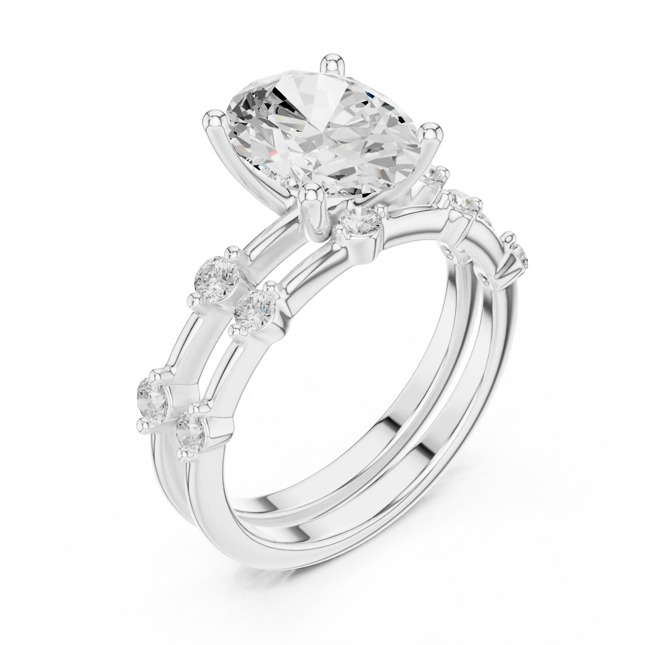 10K White Gold Oval Moissanite Diamond Double-Band Engagement Ring