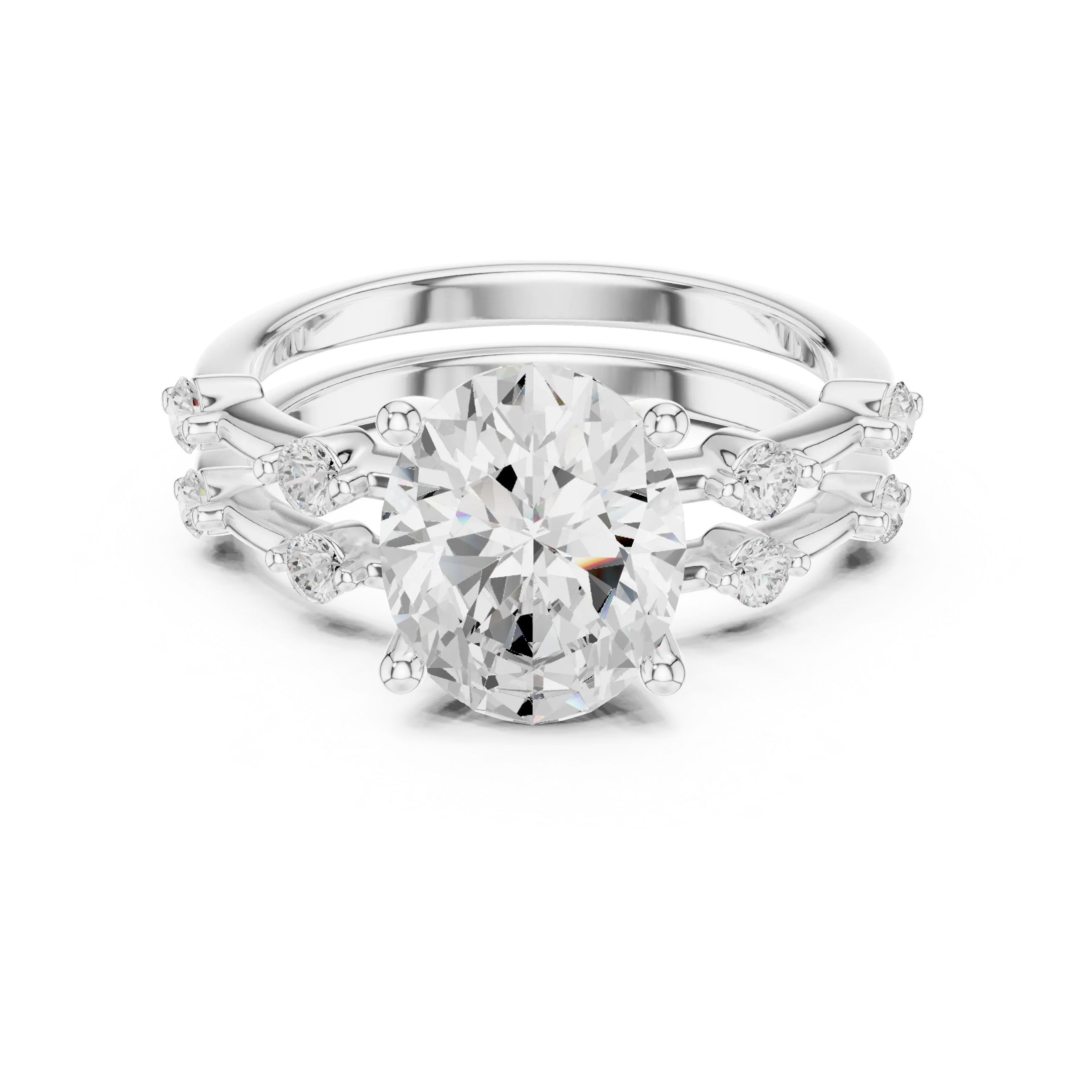 10K White Gold Oval Moissanite Diamond Double-Band Engagement Ring