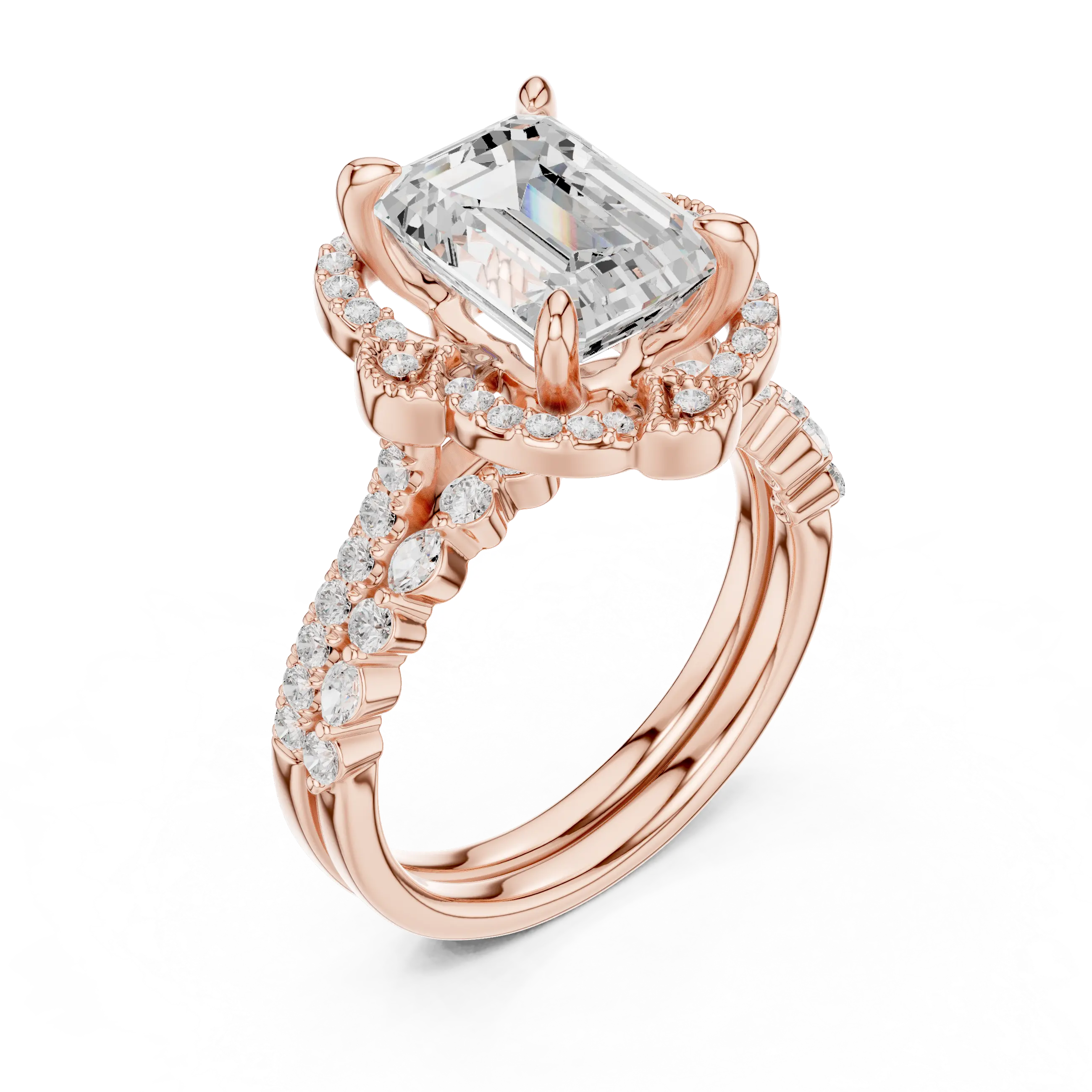 14K White Gold Emerald-Cut Diamond Scalloped Halo Ring