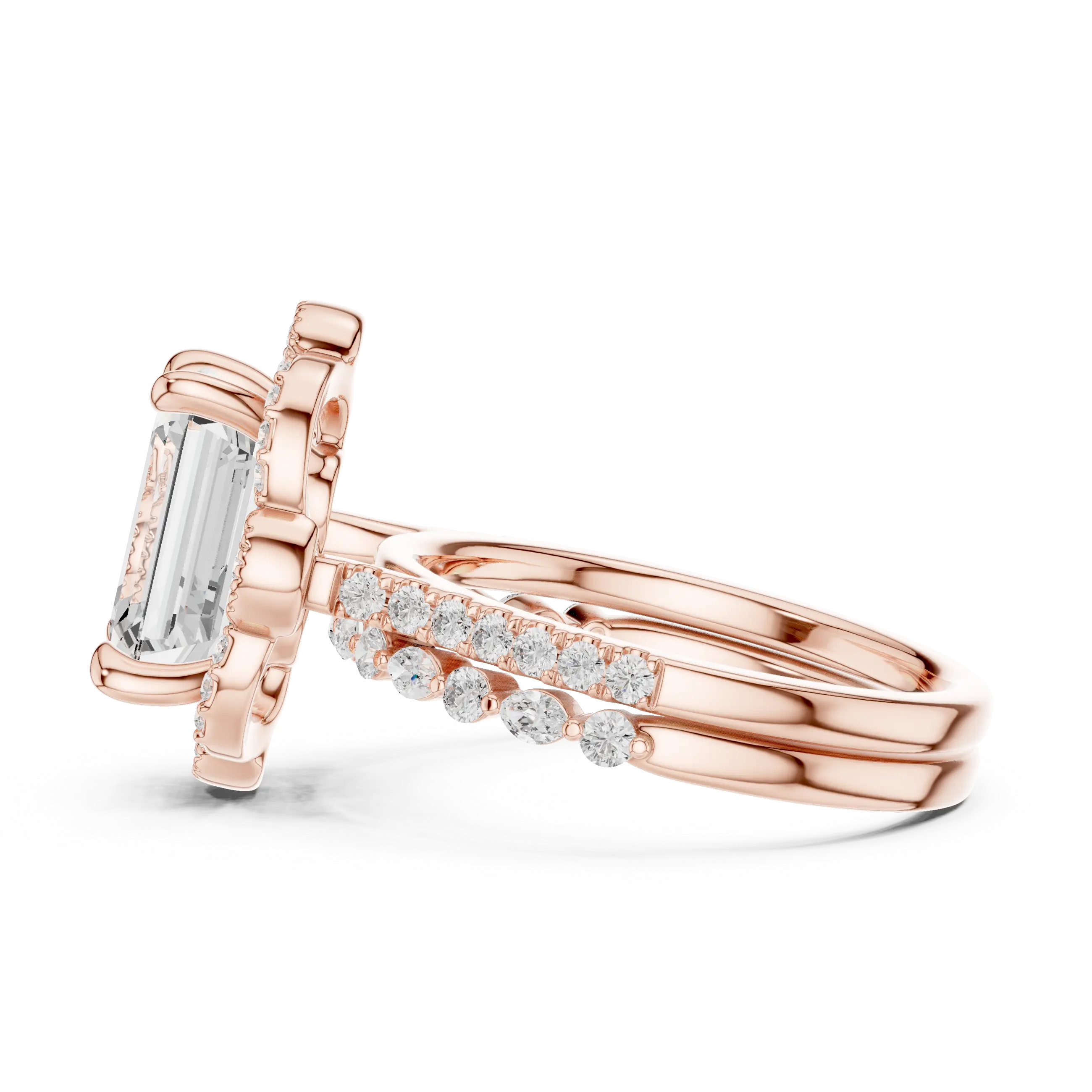 14K White Gold Emerald-Cut Diamond Scalloped Halo Ring