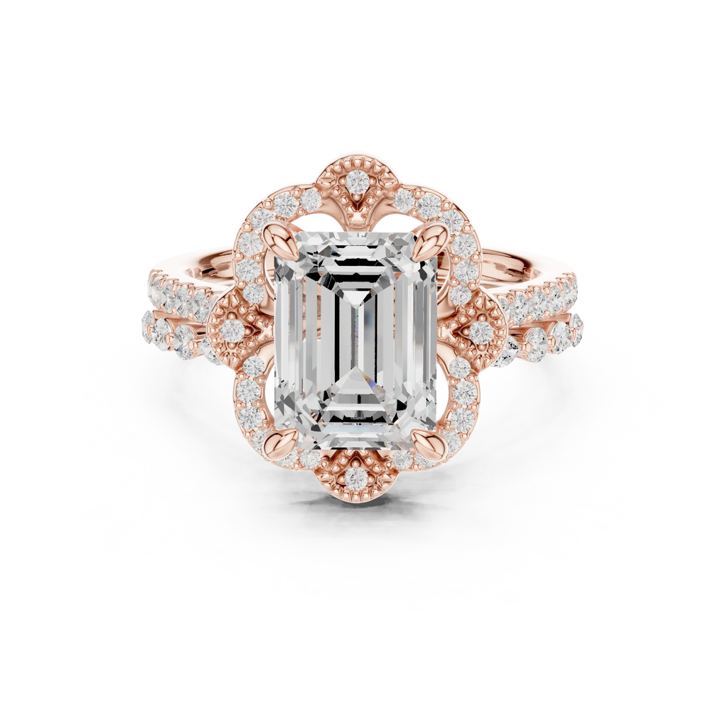 14K White Gold Emerald-Cut Diamond Scalloped Halo Ring