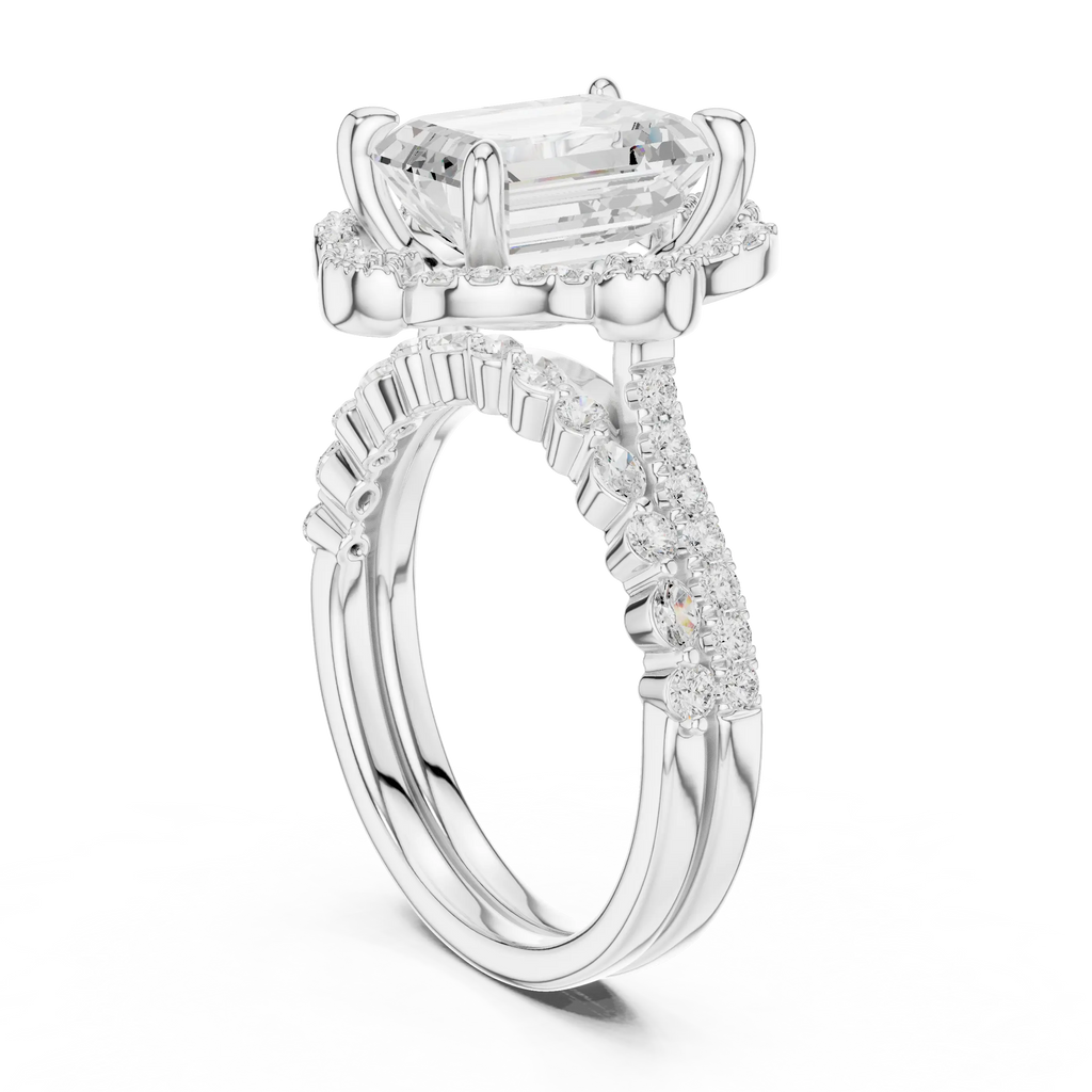 14K White Gold Emerald-Cut Diamond Scalloped Halo Ring