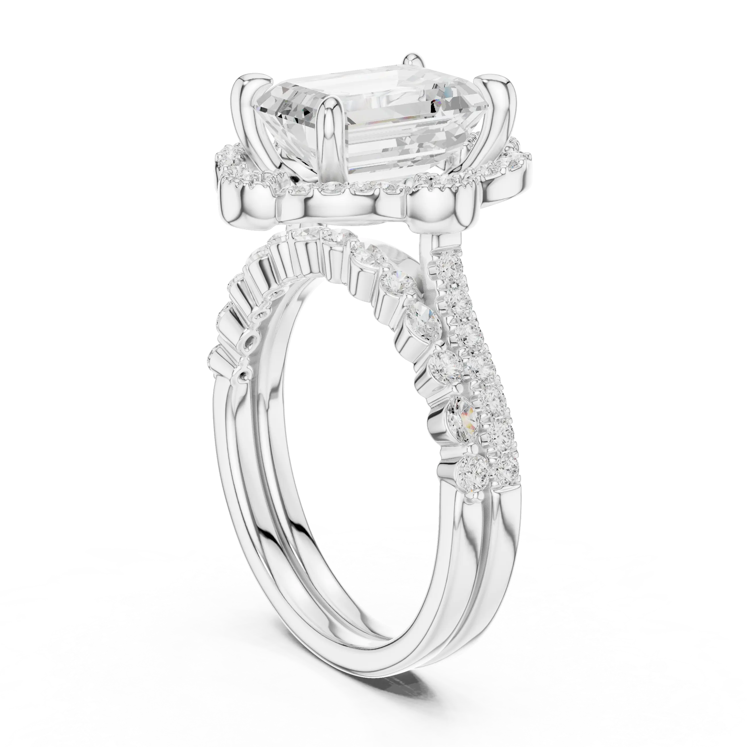 14K White Gold Emerald-Cut Diamond Scalloped Halo Ring
