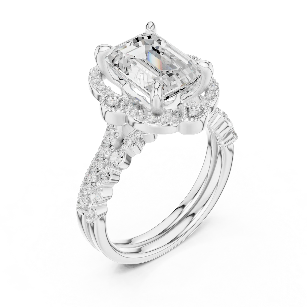 14K White Gold Emerald-Cut Diamond Scalloped Halo Ring