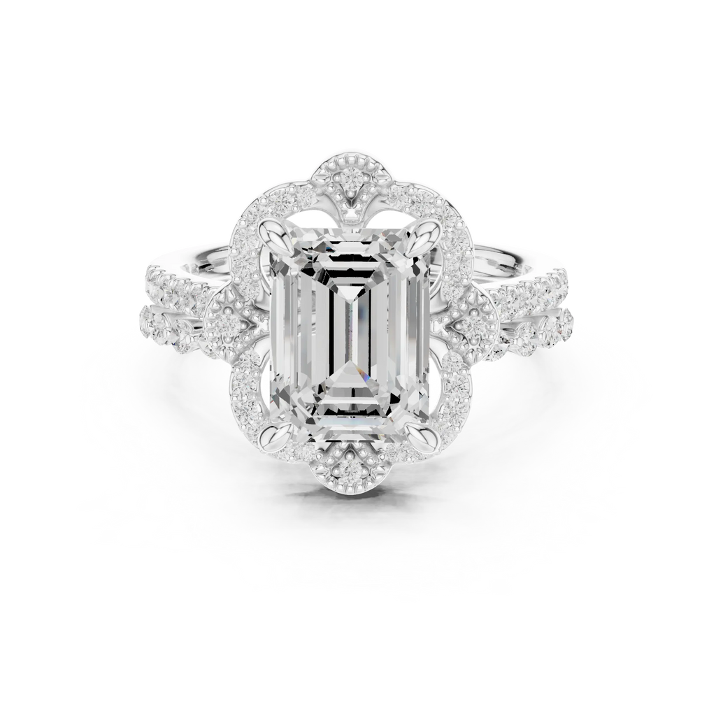 14K White Gold Emerald-Cut Diamond Scalloped Halo Ring