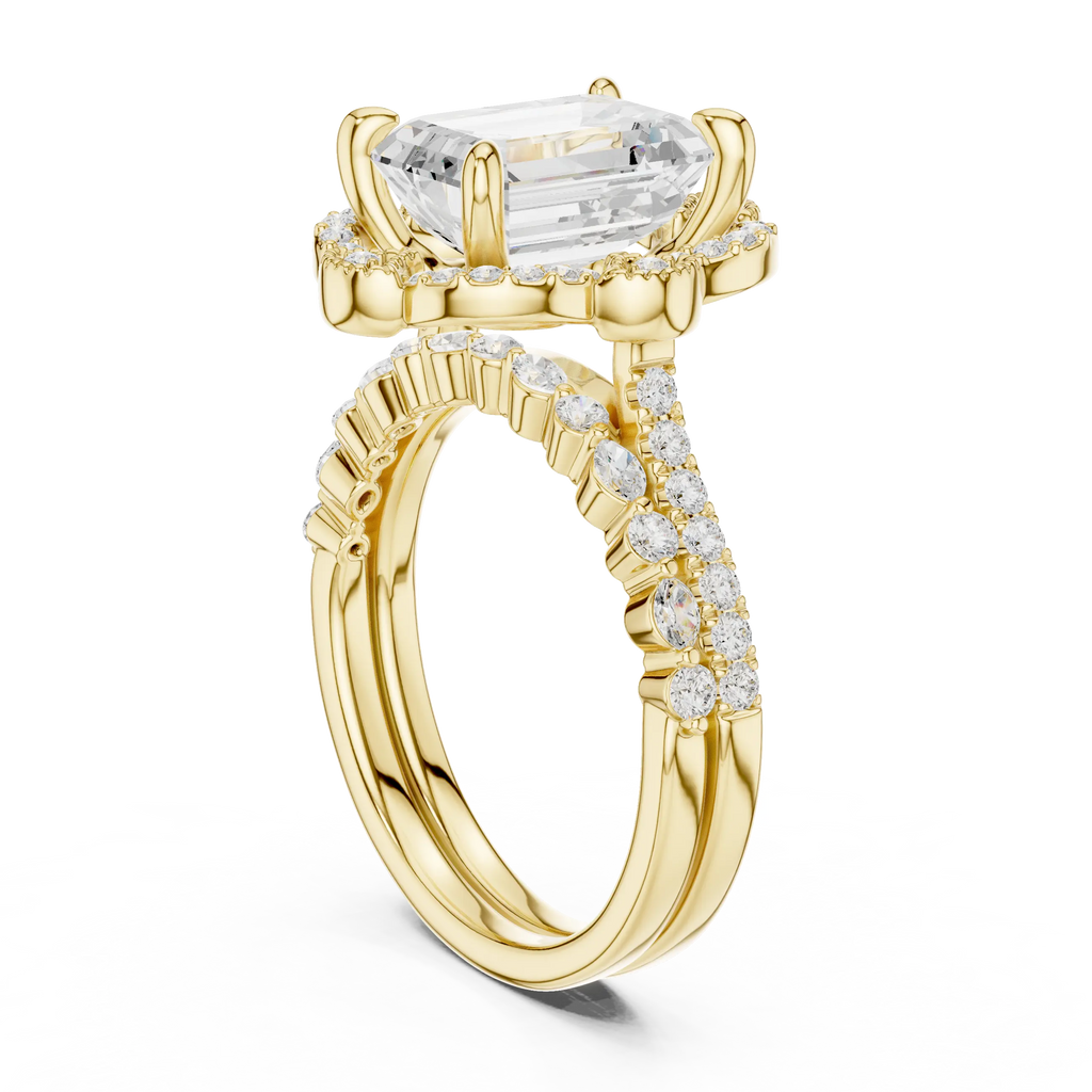 14K White Gold Emerald-Cut Diamond Scalloped Halo Ring