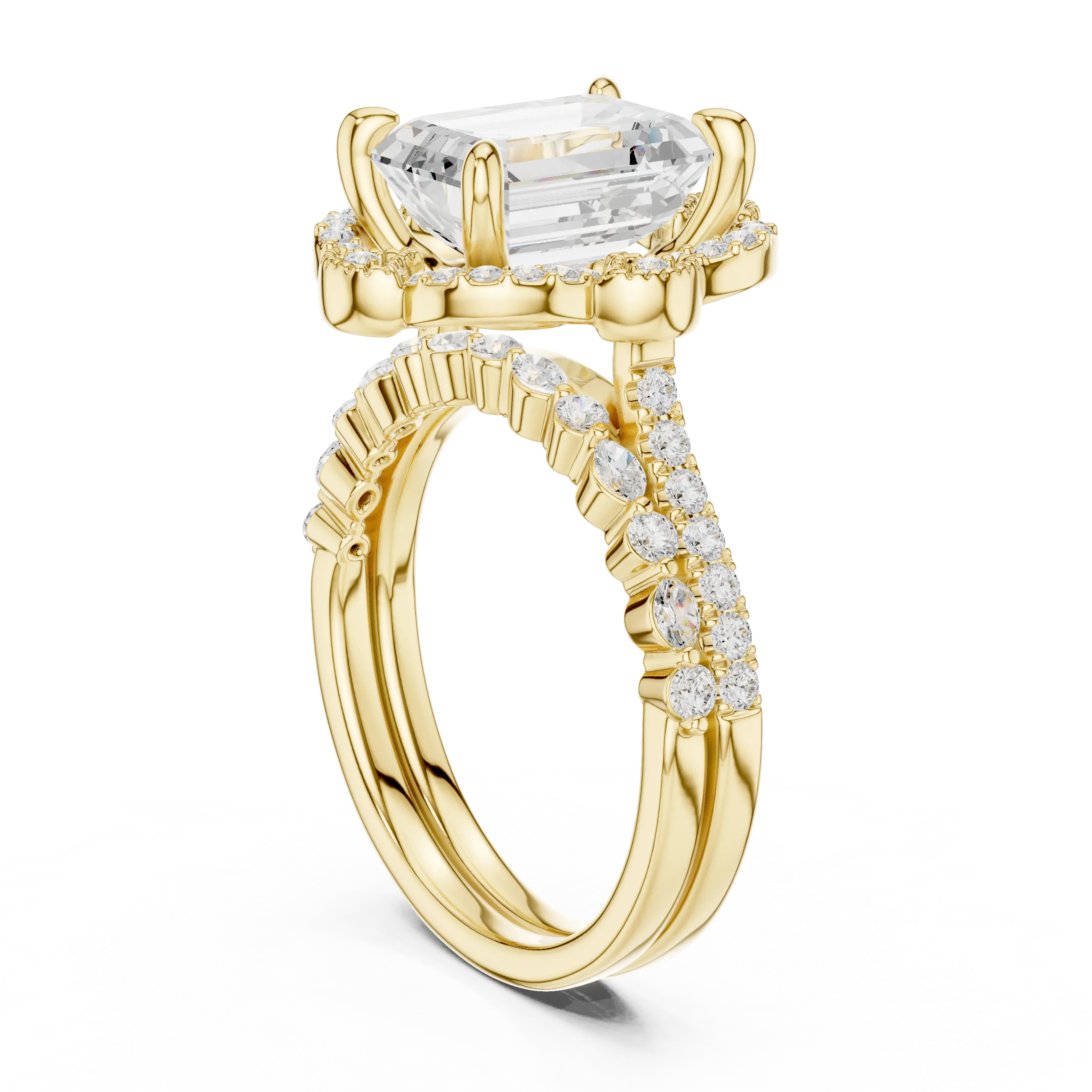 14K White Gold Emerald-Cut Diamond Scalloped Halo Ring