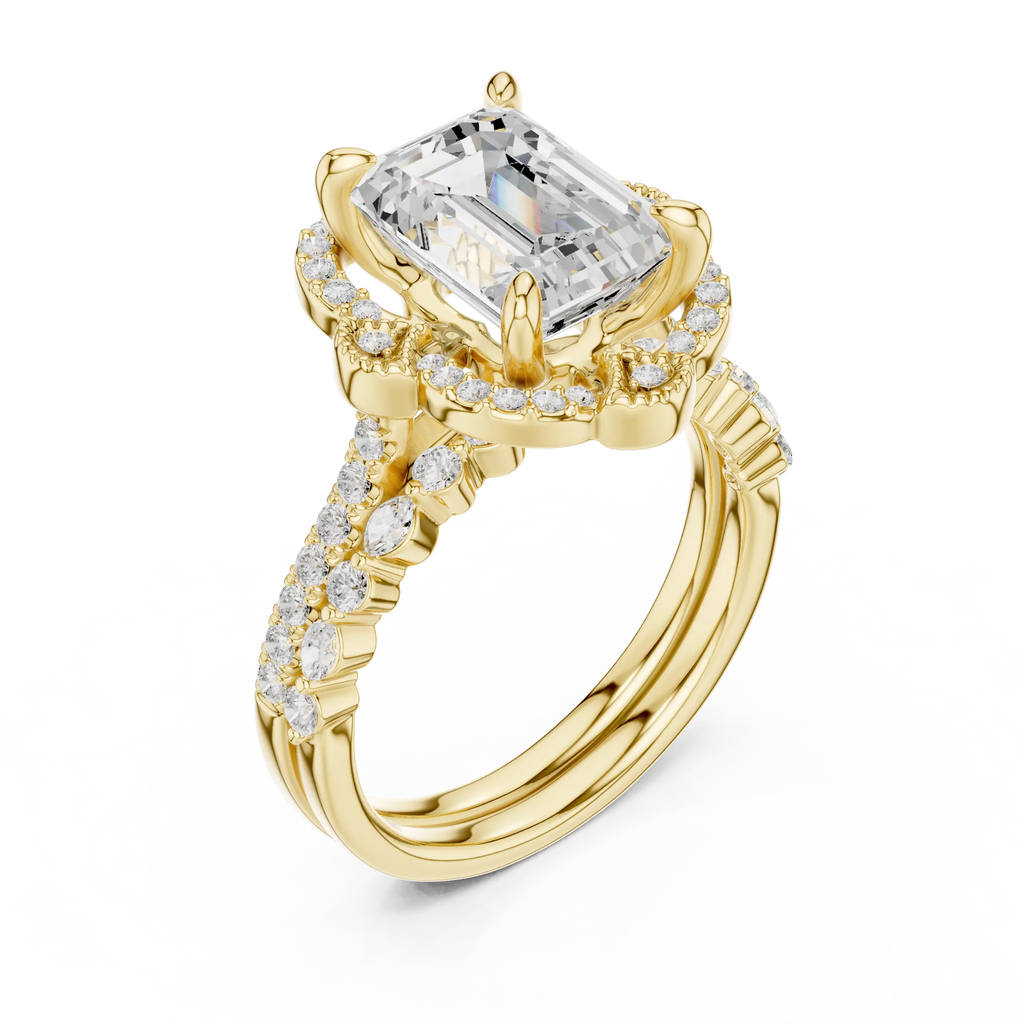 14K White Gold Emerald-Cut Diamond Scalloped Halo Ring