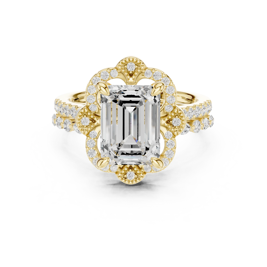 14K White Gold Emerald-Cut Diamond Scalloped Halo Ring