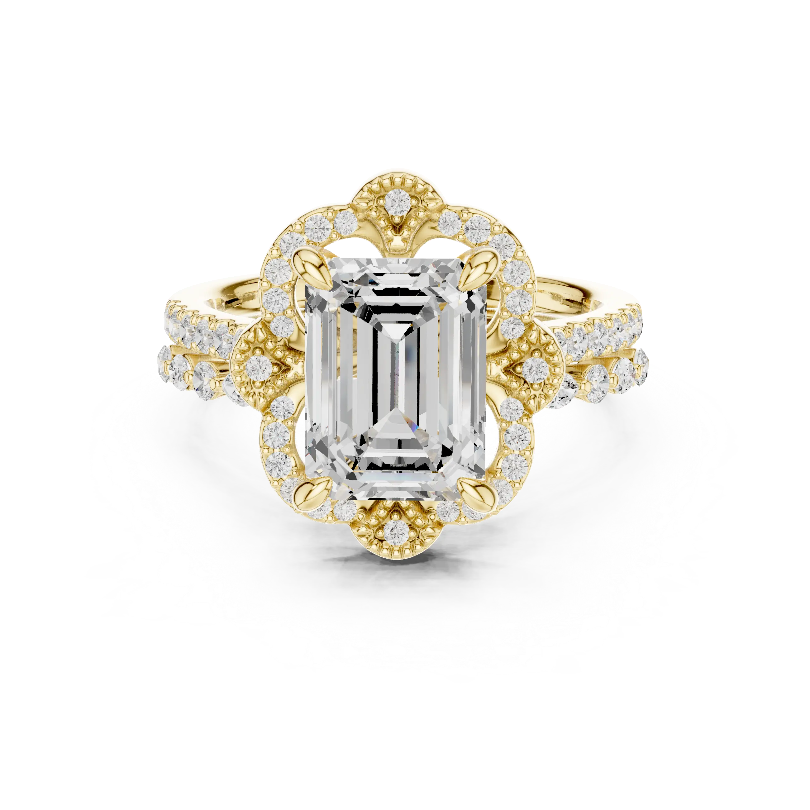 14K White Gold Emerald-Cut Diamond Scalloped Halo Ring