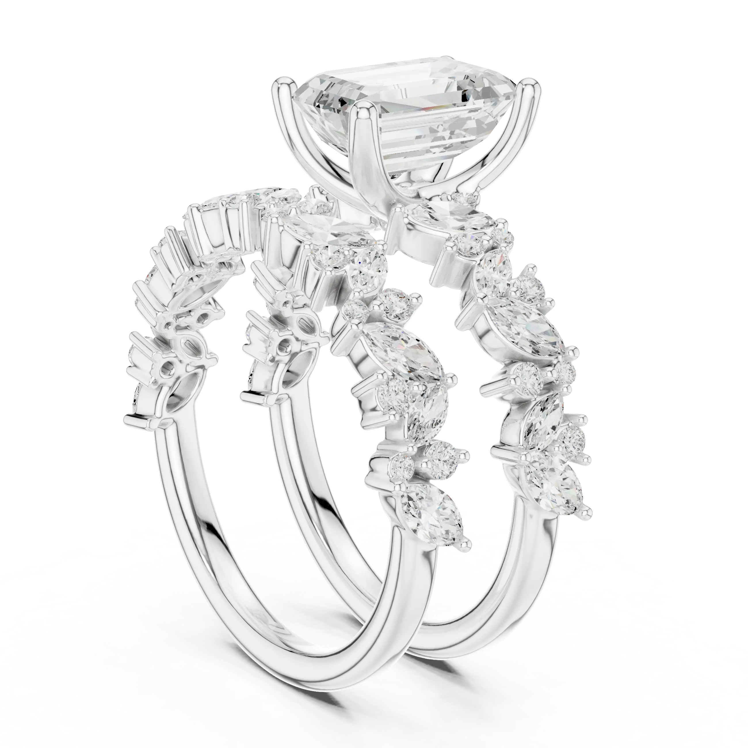 10K White Gold Emerald-Cut Lab Grown Diamond Double-Band Ring