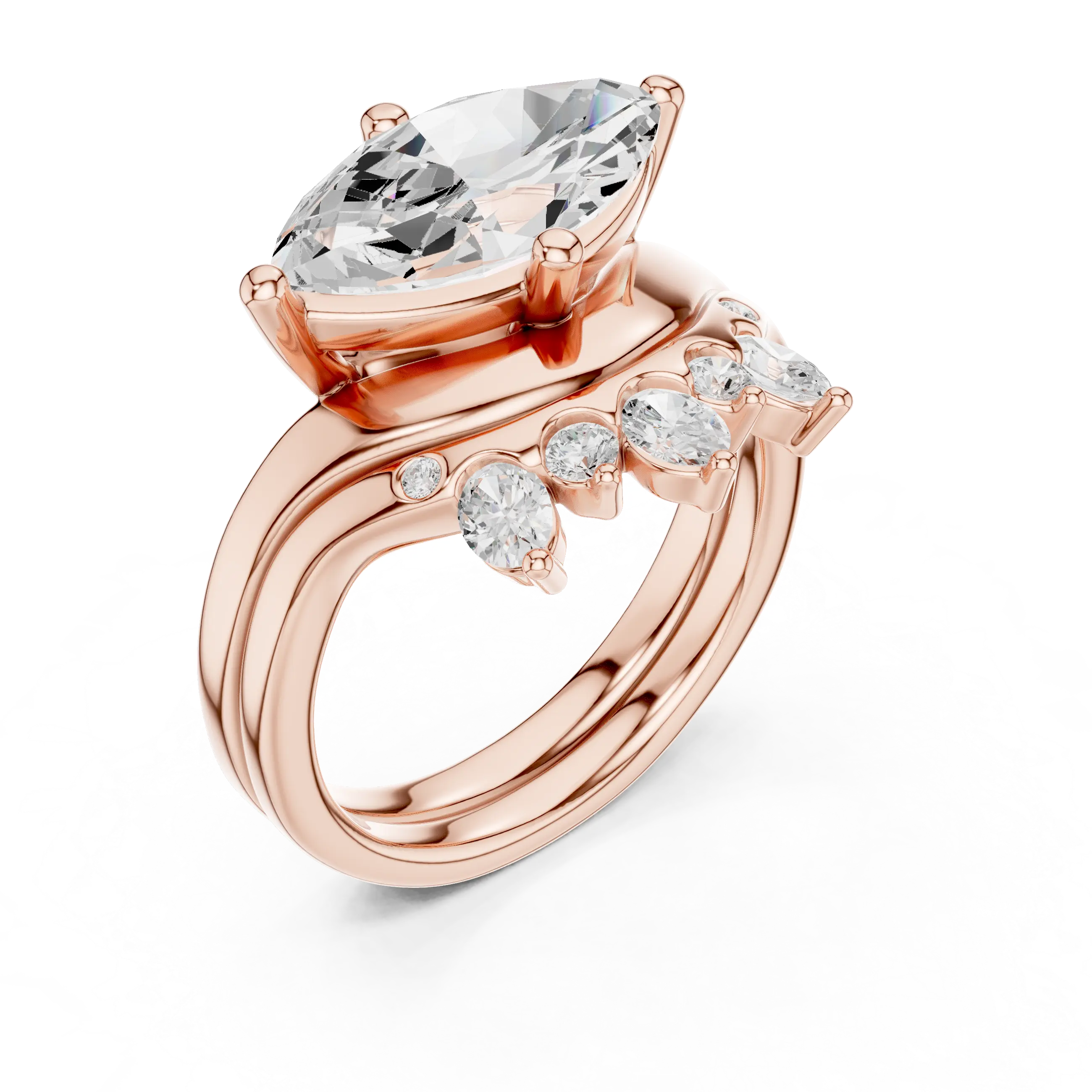 18K White Gold Contoured Band with Graduated Marquise Cluster Accents