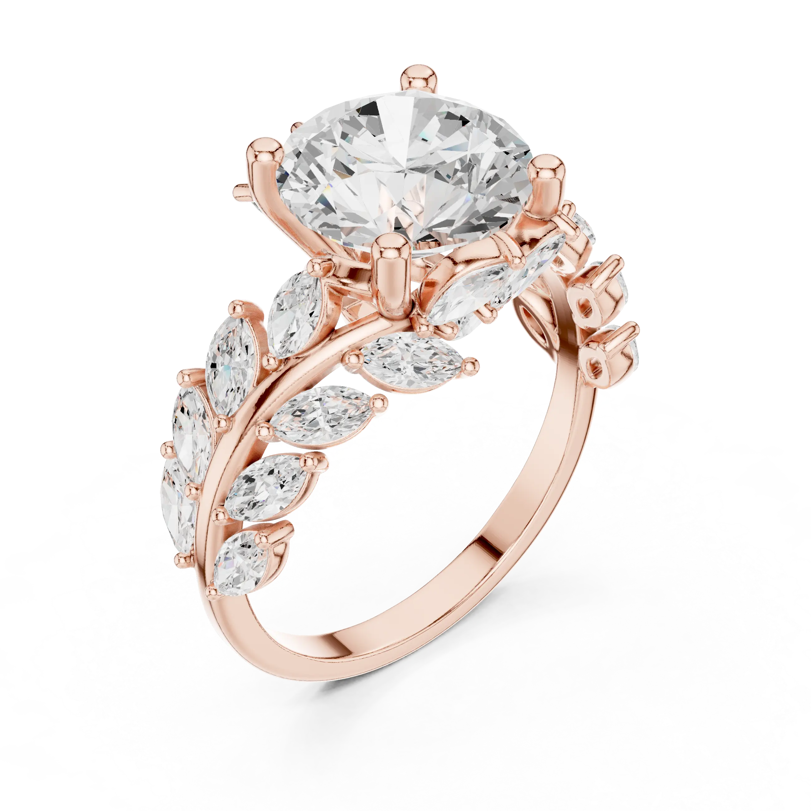 14K White Gold Round Diamond Laurel Leaf Engagement Ring