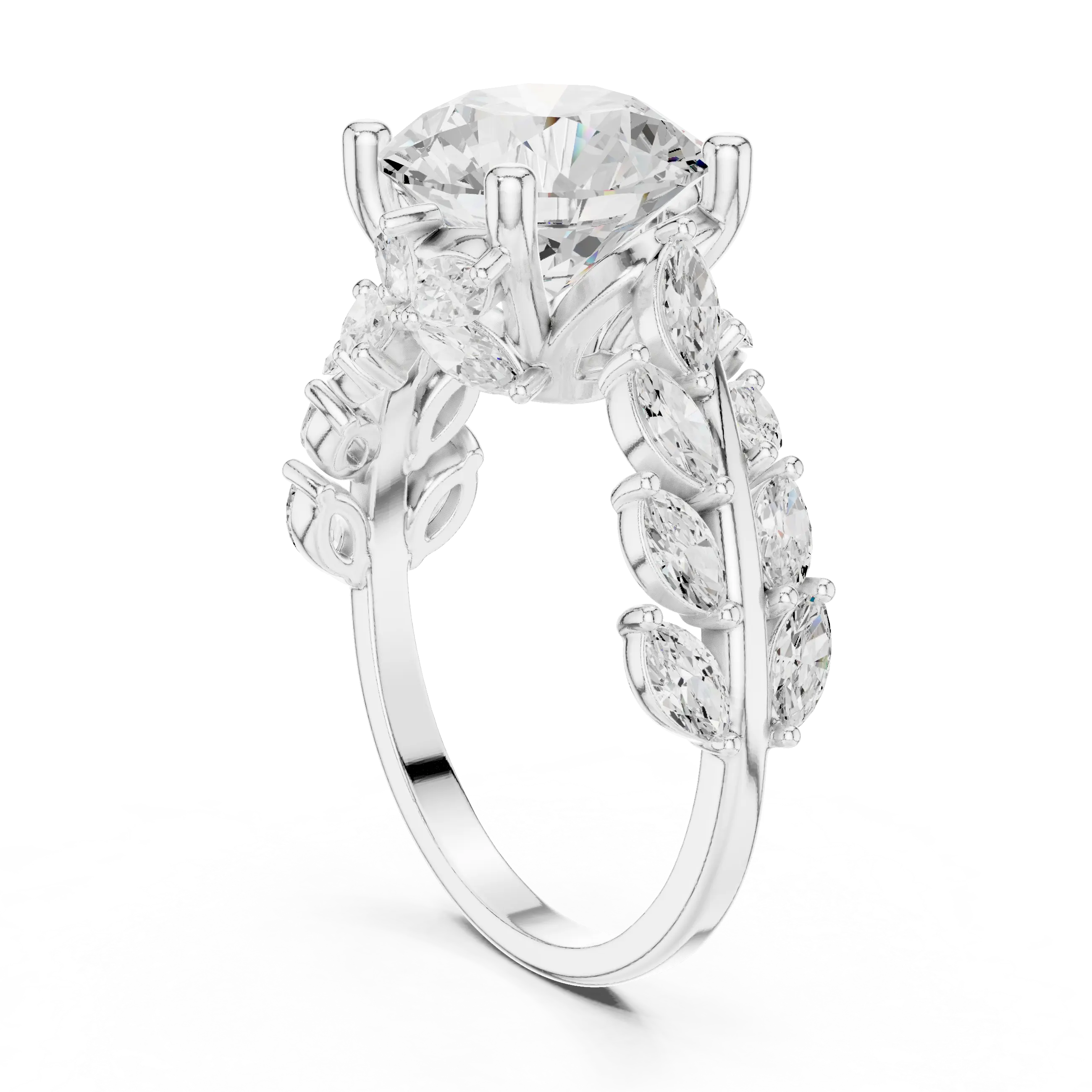 14K White Gold Round Diamond Laurel Leaf Engagement Ring