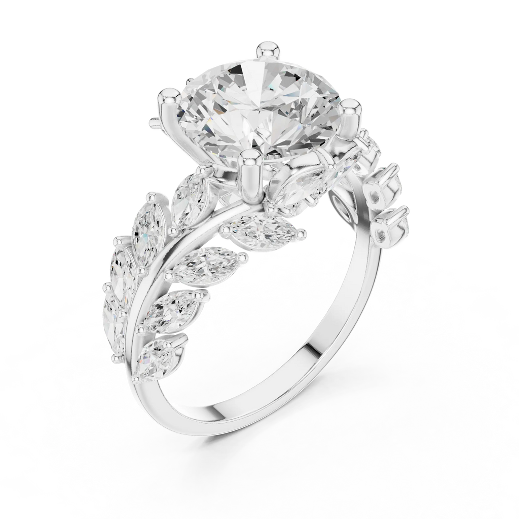 14K White Gold Round Diamond Laurel Leaf Engagement Ring