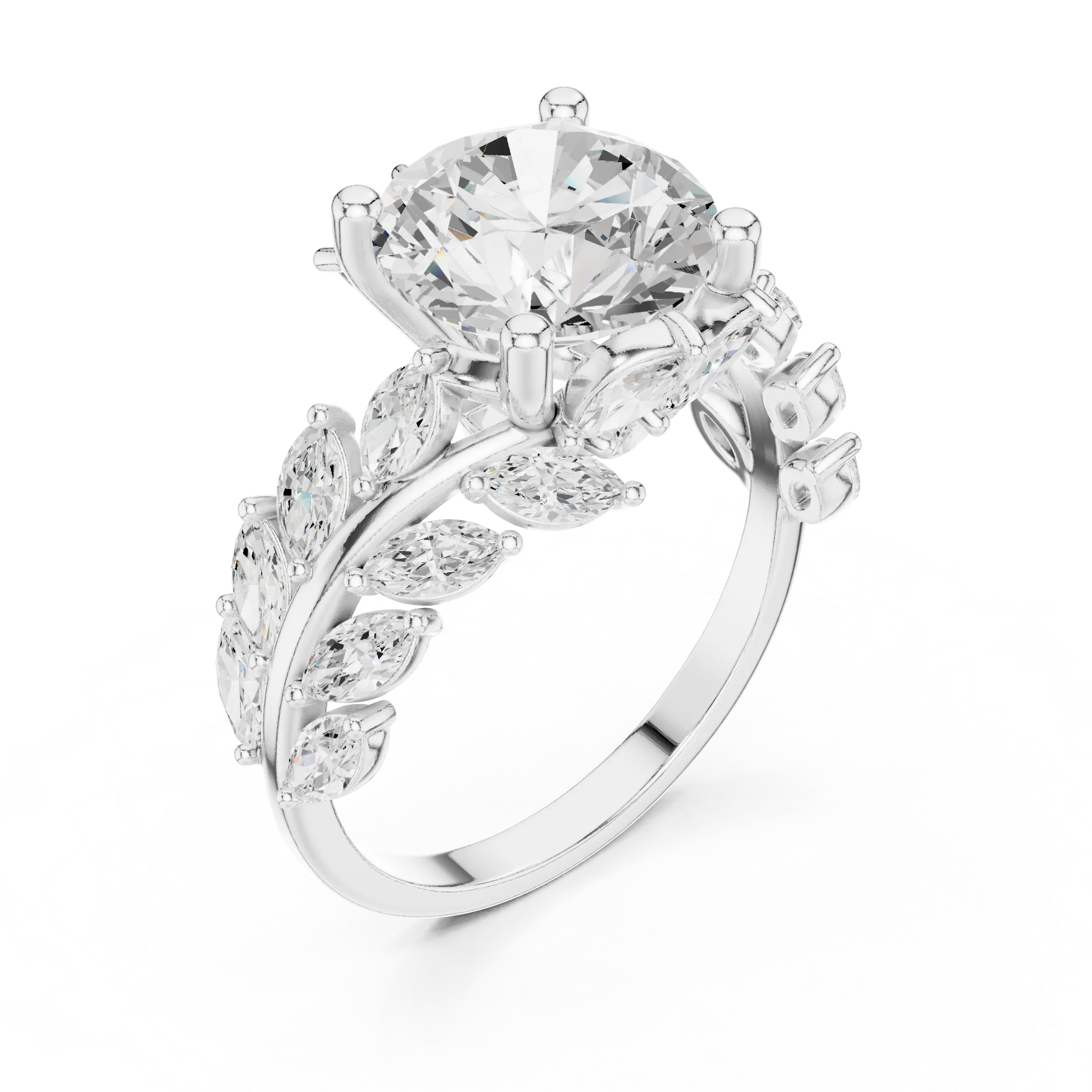 14K White Gold Round Diamond Laurel Leaf Engagement Ring