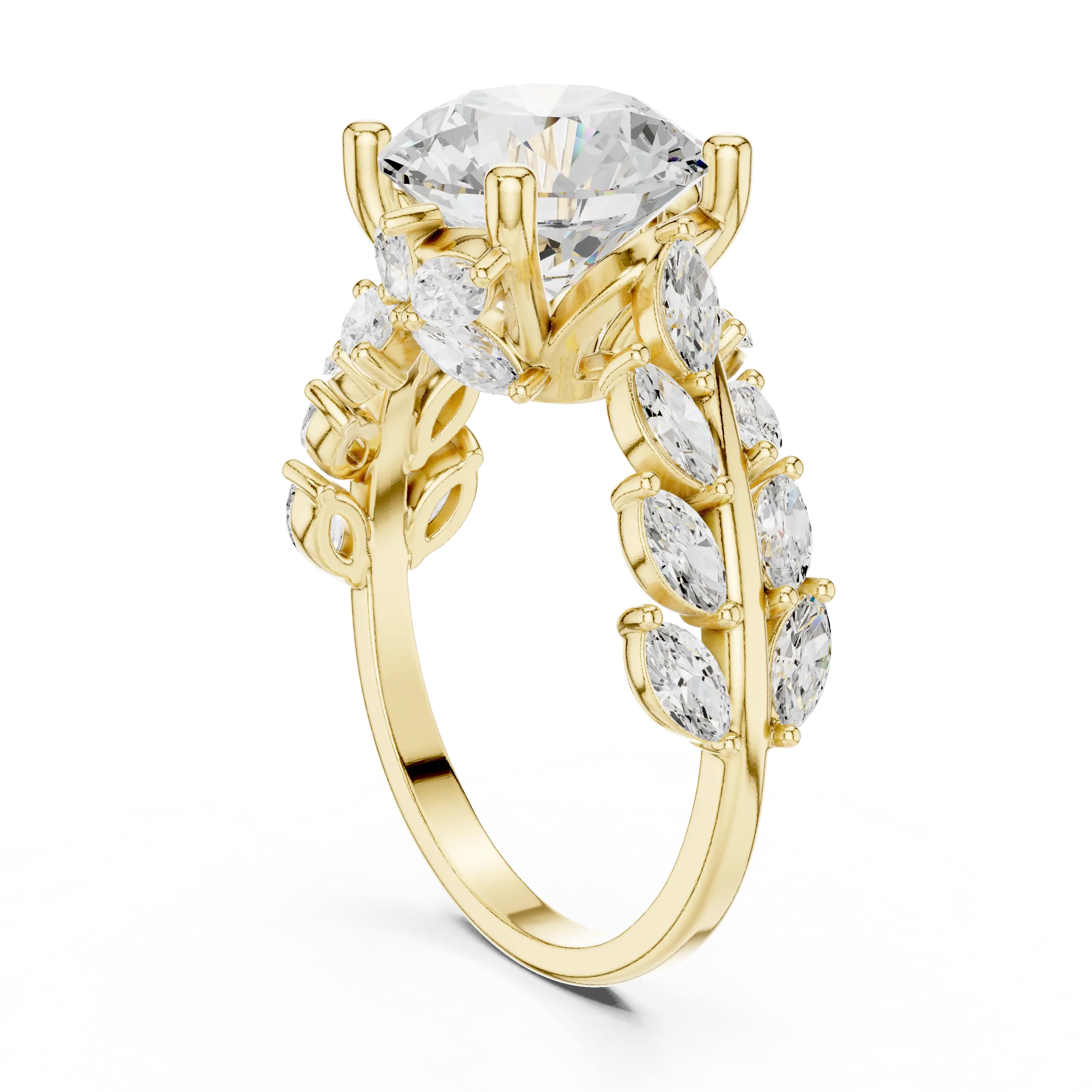 14K White Gold Round Diamond Laurel Leaf Engagement Ring