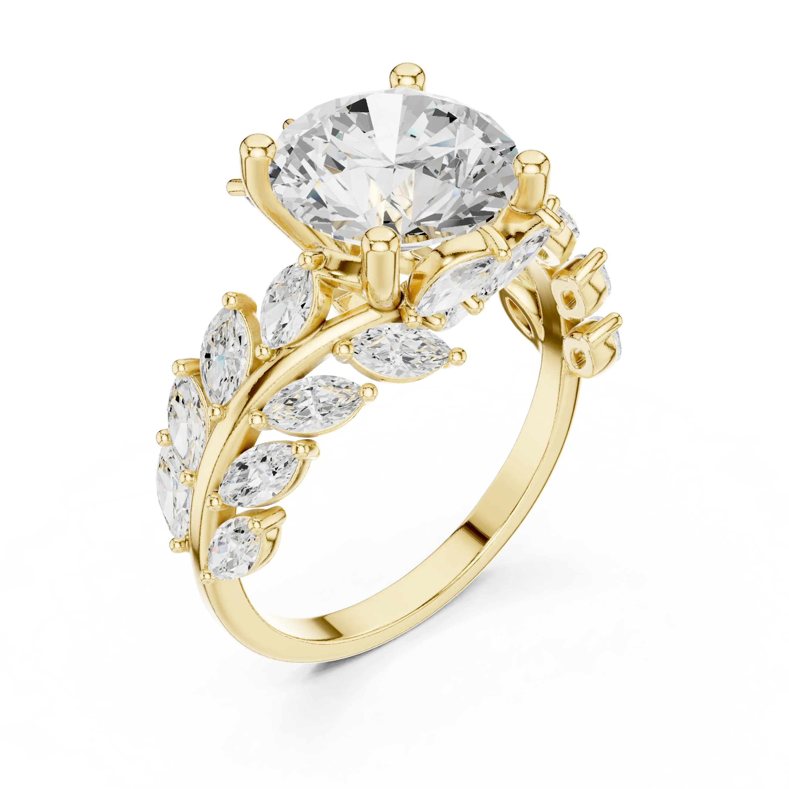14K White Gold Round Diamond Laurel Leaf Engagement Ring