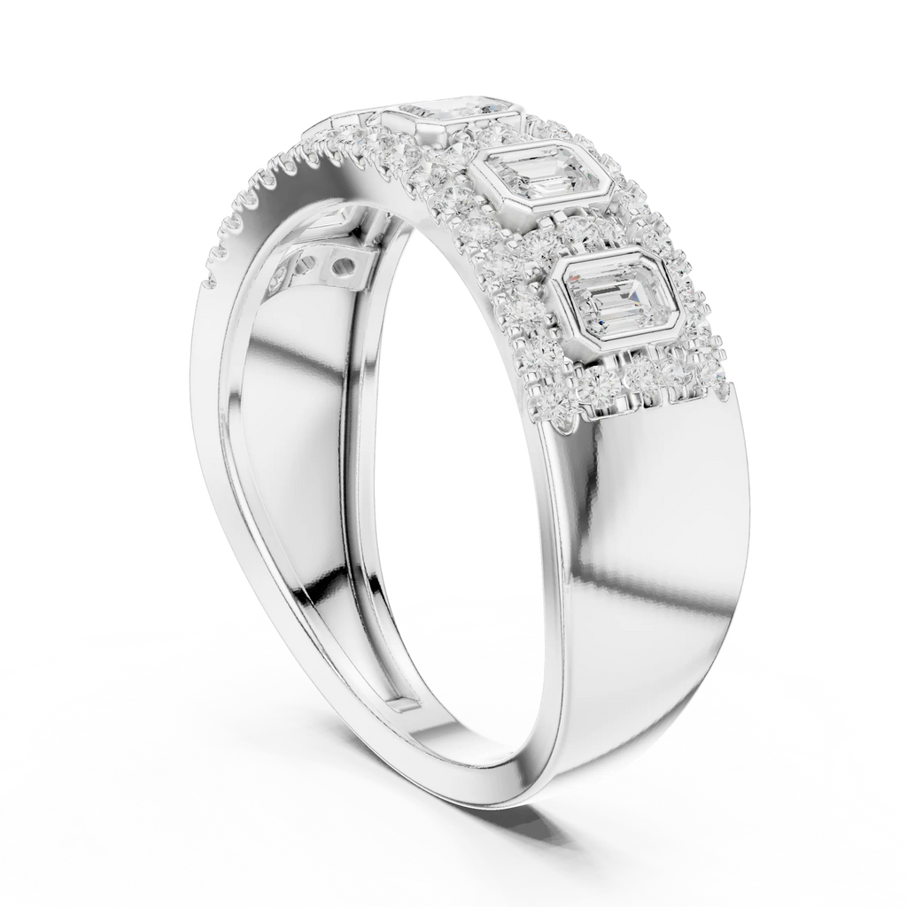 14K White Gold Emerald-Cut Bezel & Pavé Diamond Band