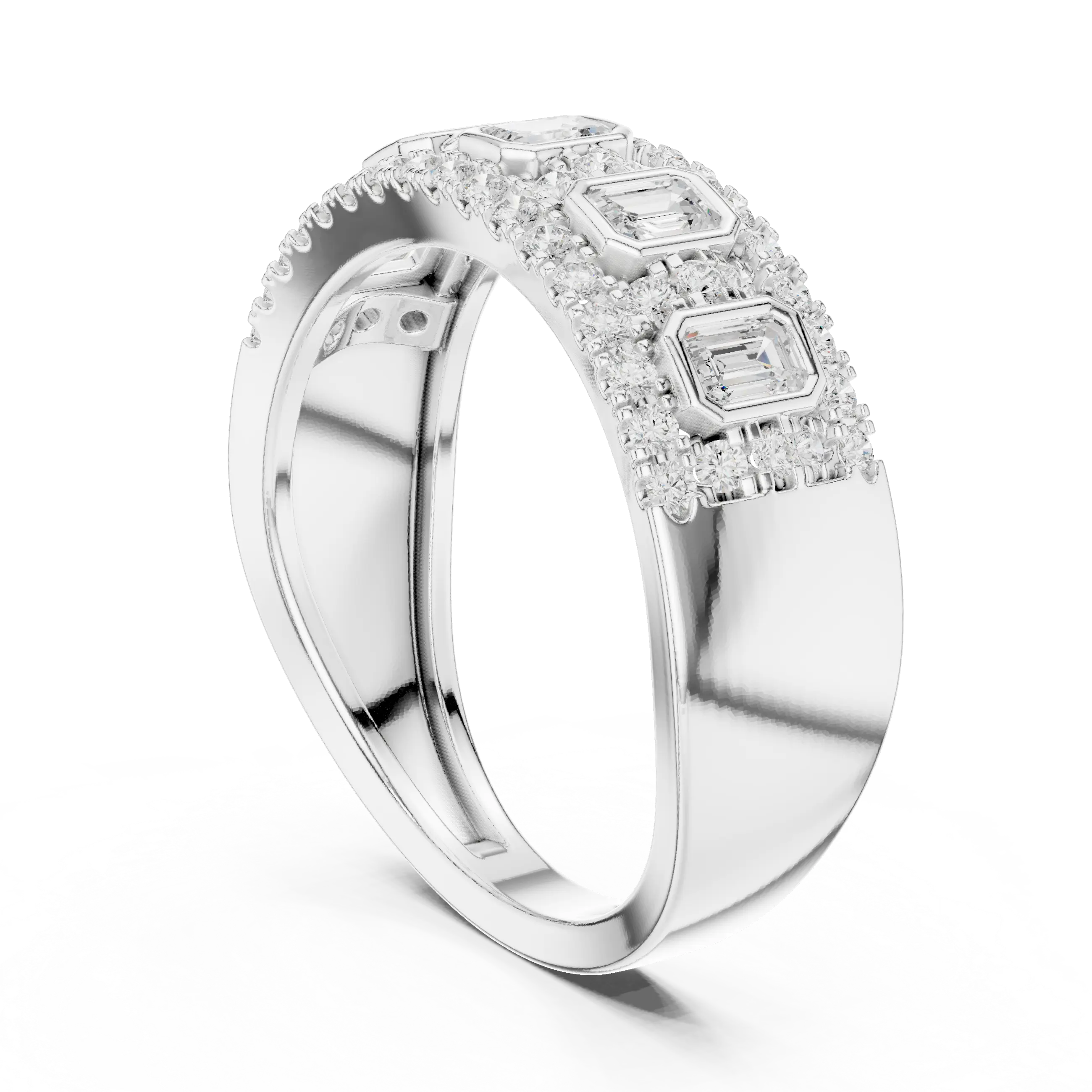 14K White Gold Emerald-Cut Bezel & Pavé Diamond Band