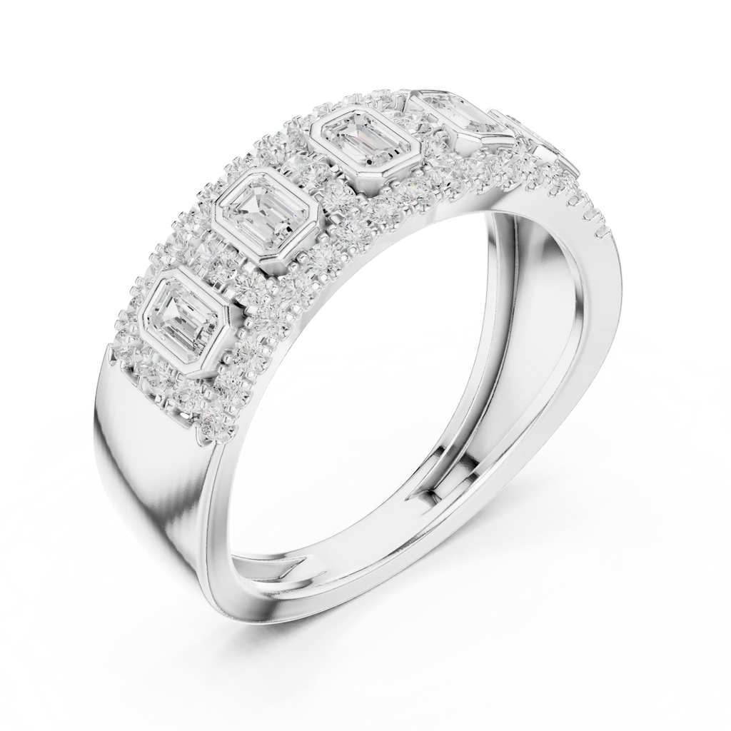 14K White Gold Emerald-Cut Bezel & Pavé Diamond Band