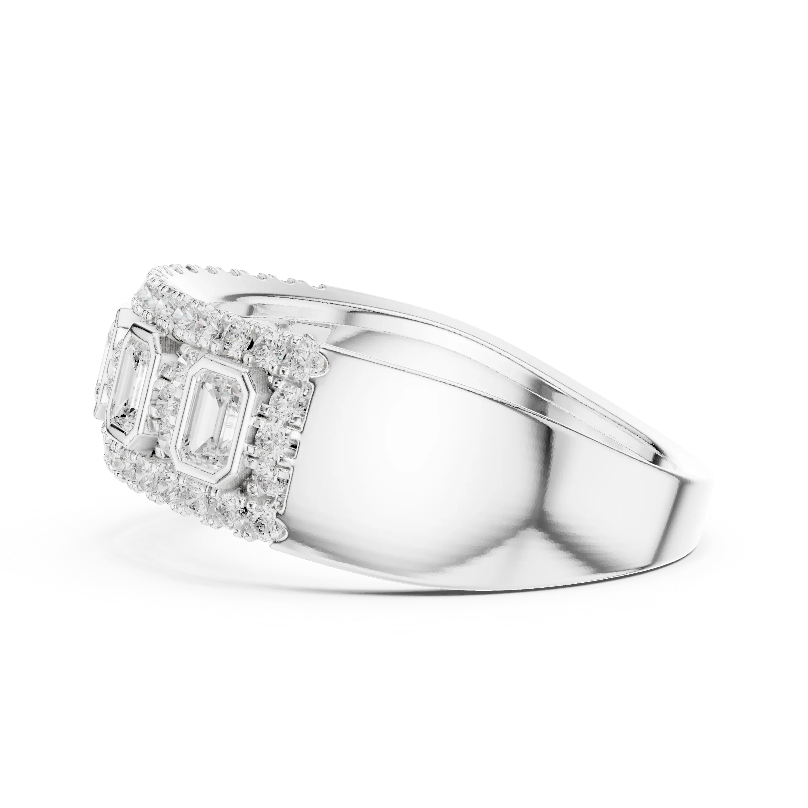14K White Gold Emerald-Cut Bezel & Pavé Diamond Band