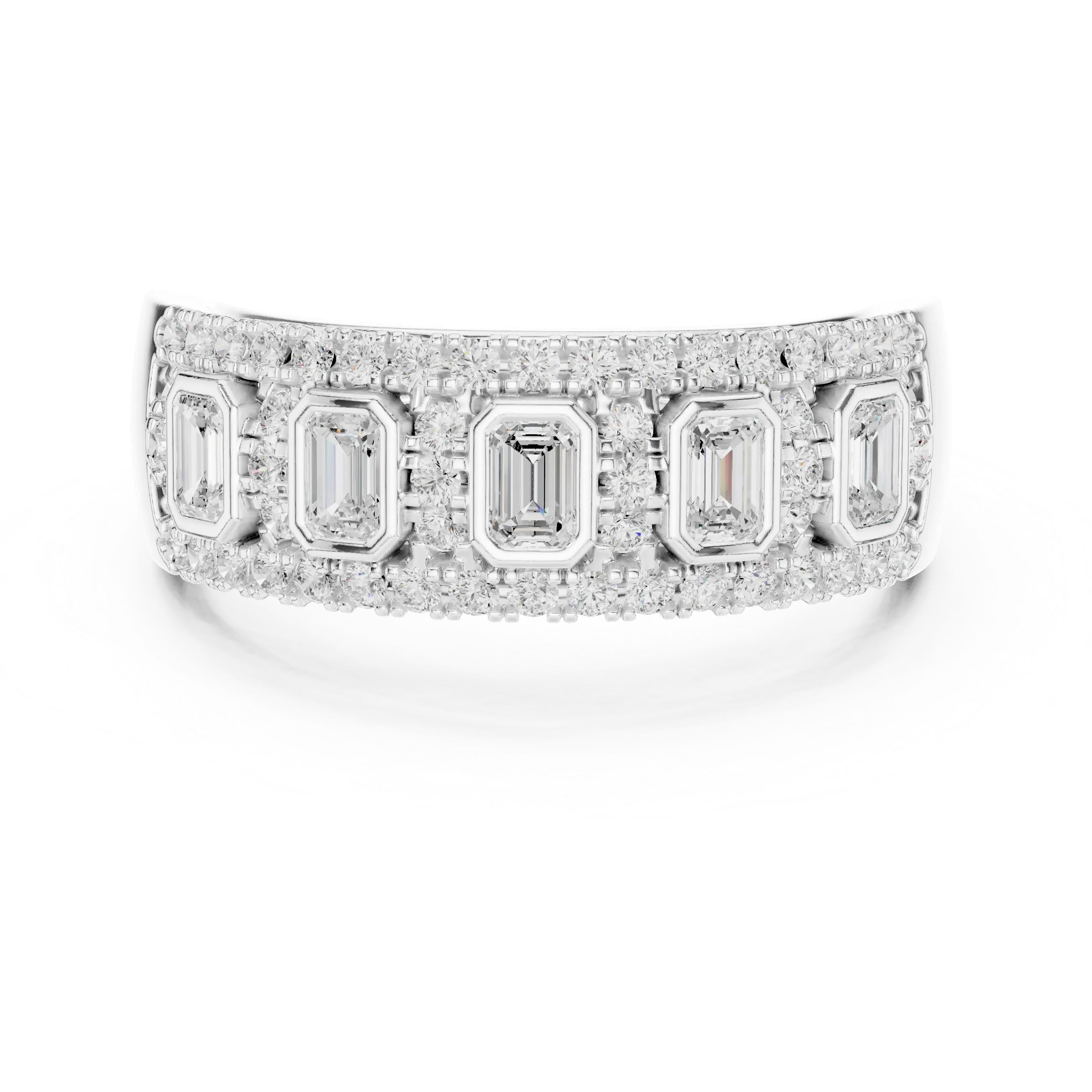 14K White Gold Emerald-Cut Bezel & Pavé Diamond Band