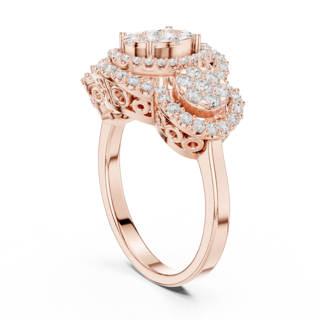14K Rose Gold Three-Stone Round Diamond Halo Cluster Ring