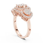 14K Rose Gold Three-Stone Round Diamond Halo Cluster Ring