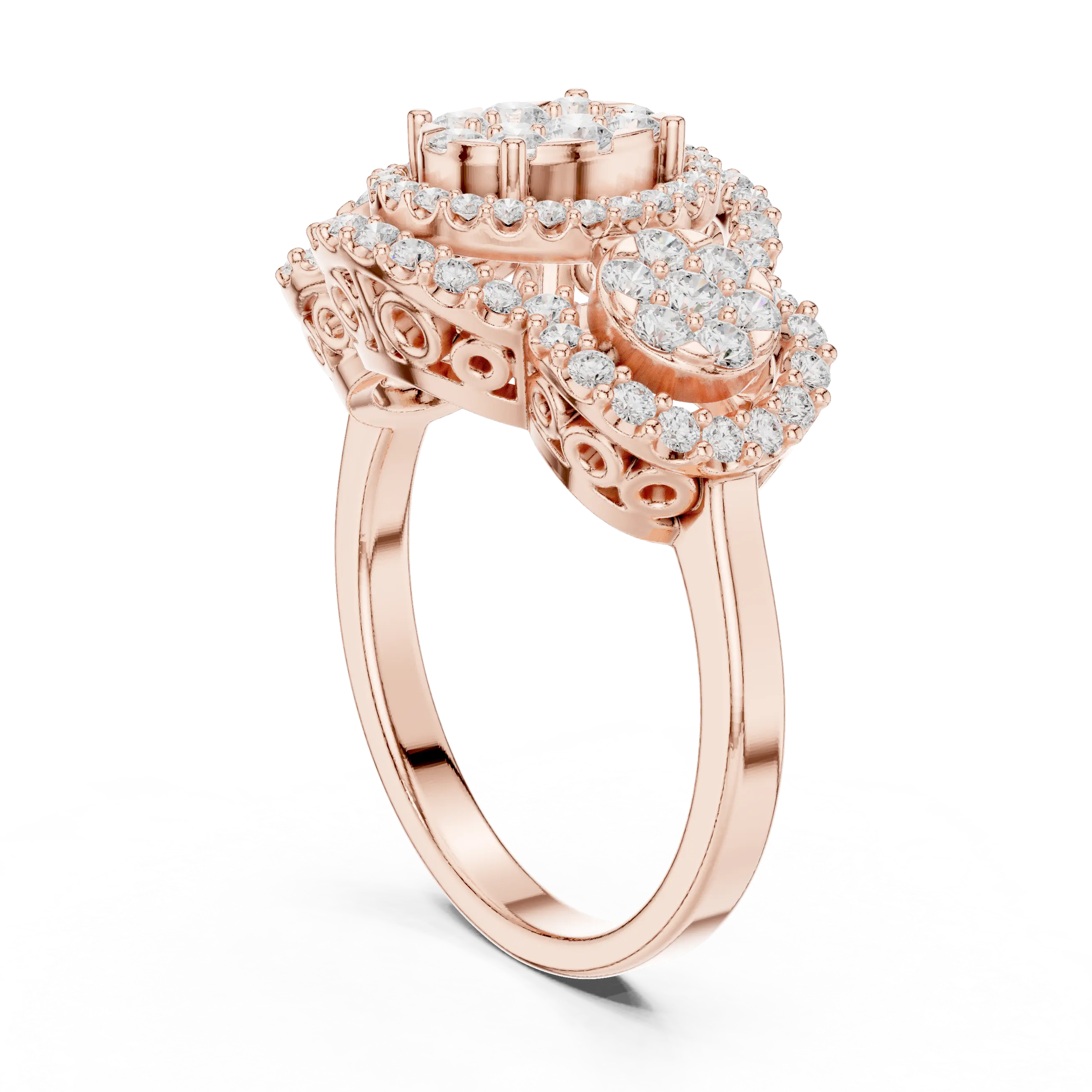 14K Rose Gold Three-Stone Round Diamond Halo Cluster Ring