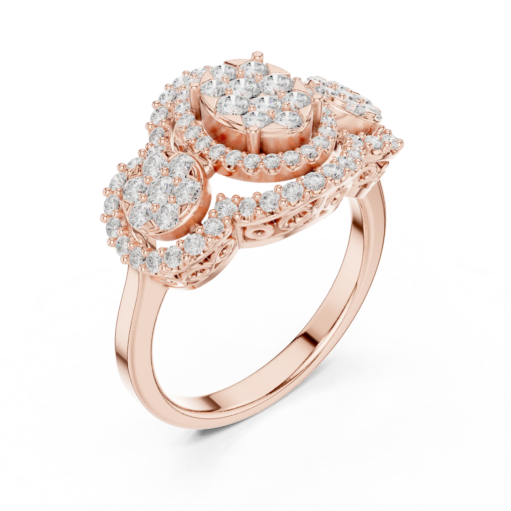 14K Rose Gold Three-Stone Round Diamond Halo Cluster Ring