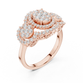 14K Rose Gold Three-Stone Round Diamond Halo Cluster Ring